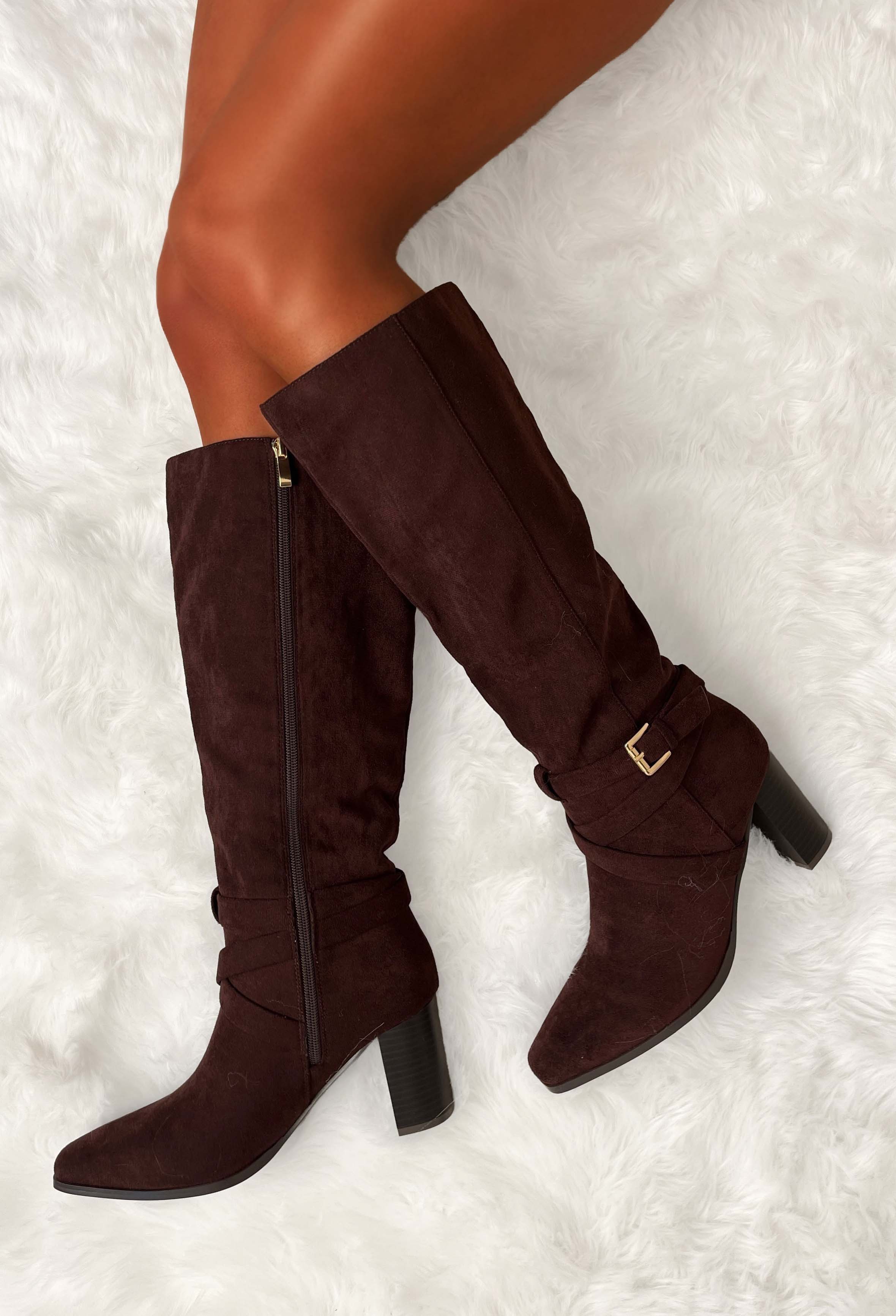 Step Aside Brown Faux Suede Buckled Block Heel Boots