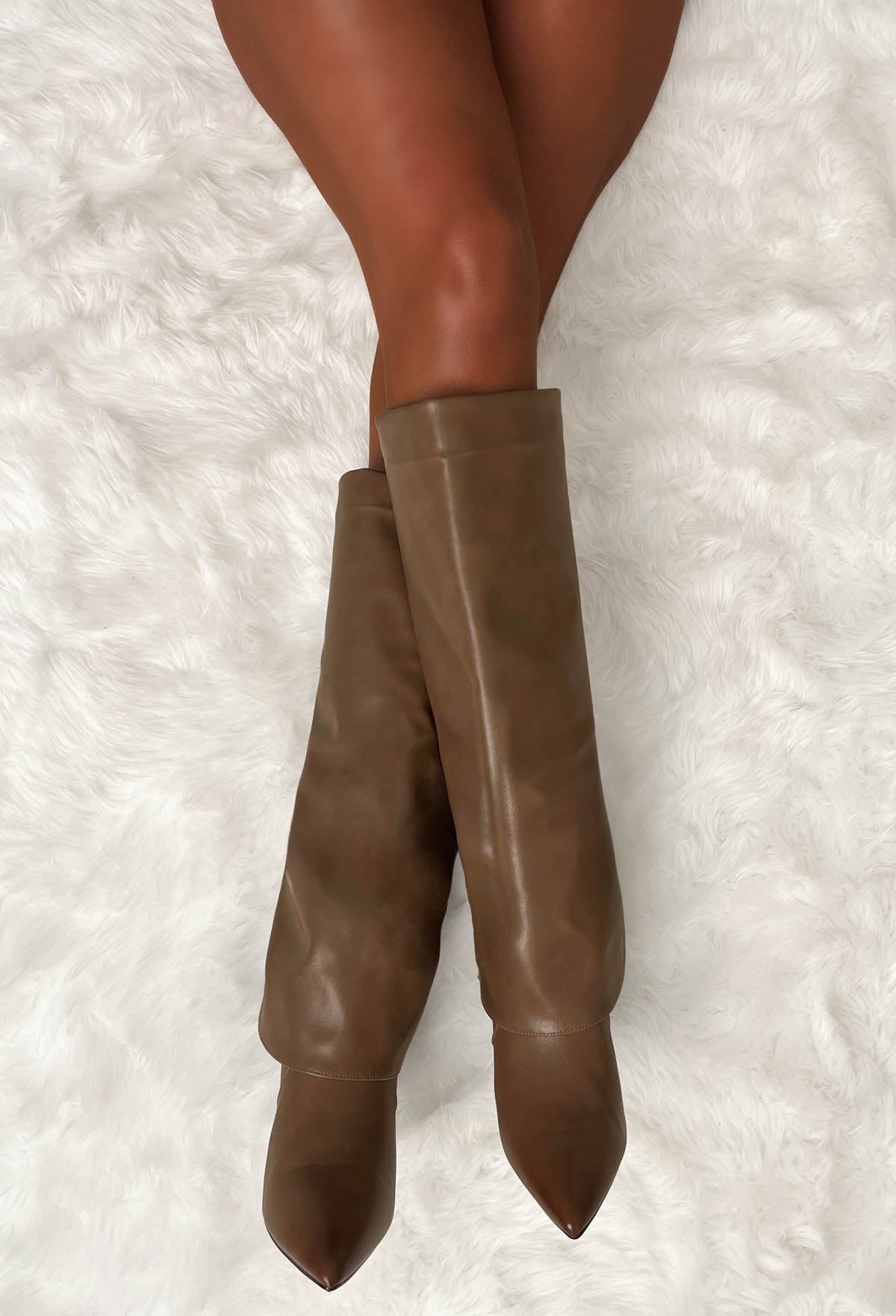 Step By Step Tan Stiletto Knee High Faux Leather Shark Boots