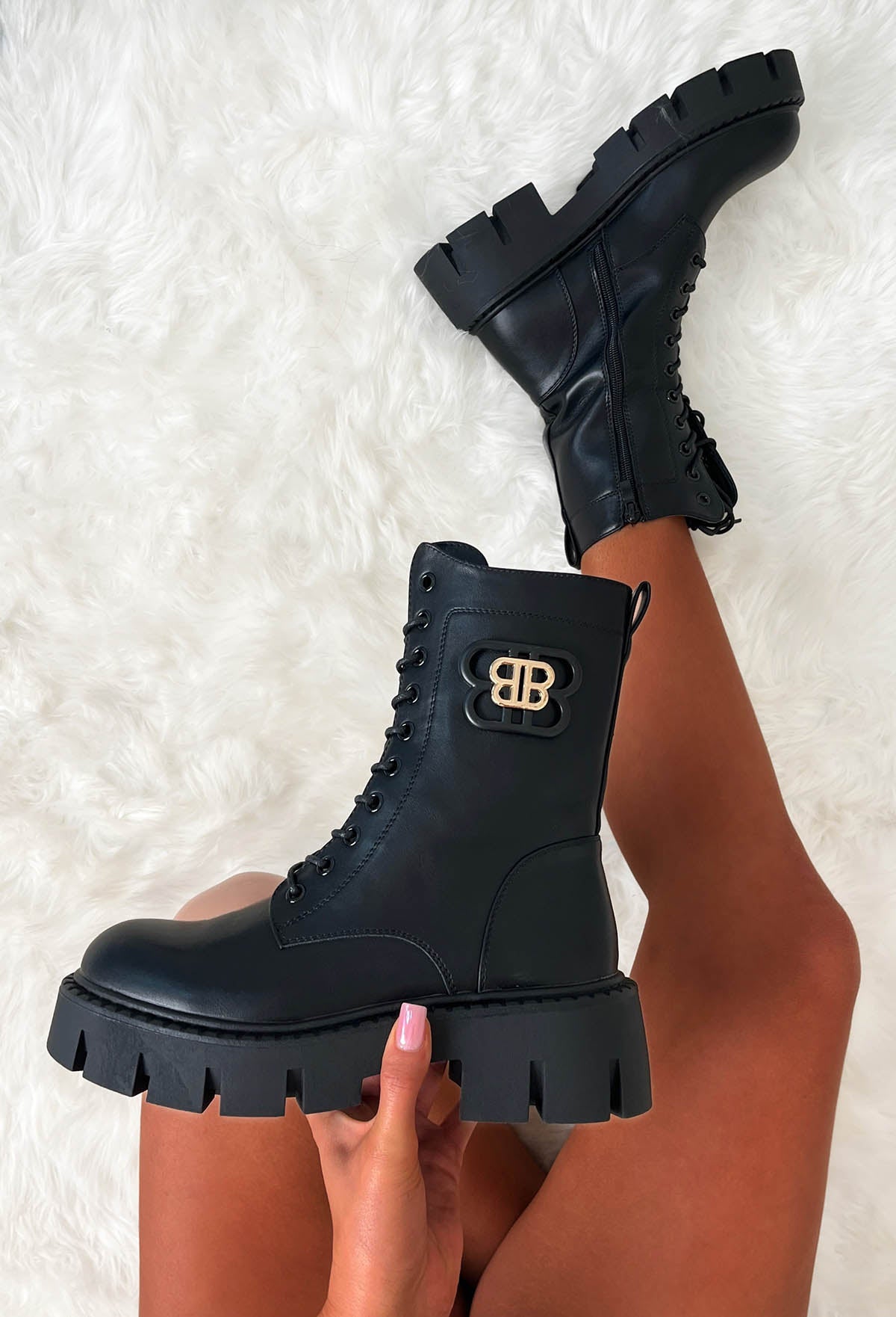 Step In Love Black Faux Leather Large Buckle Lace Up Boots