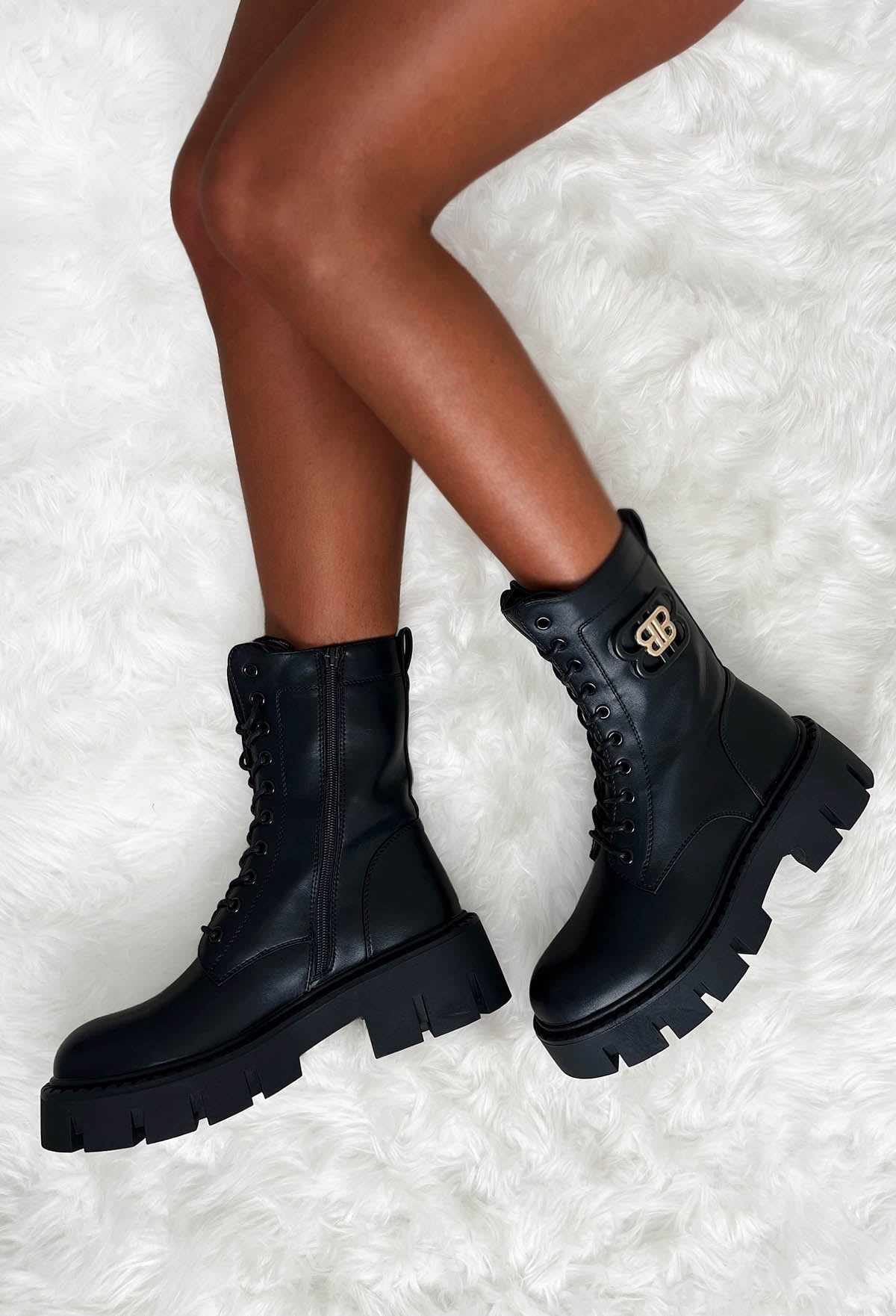 Step In Love Black Faux Leather Large Buckle Lace Up Boots