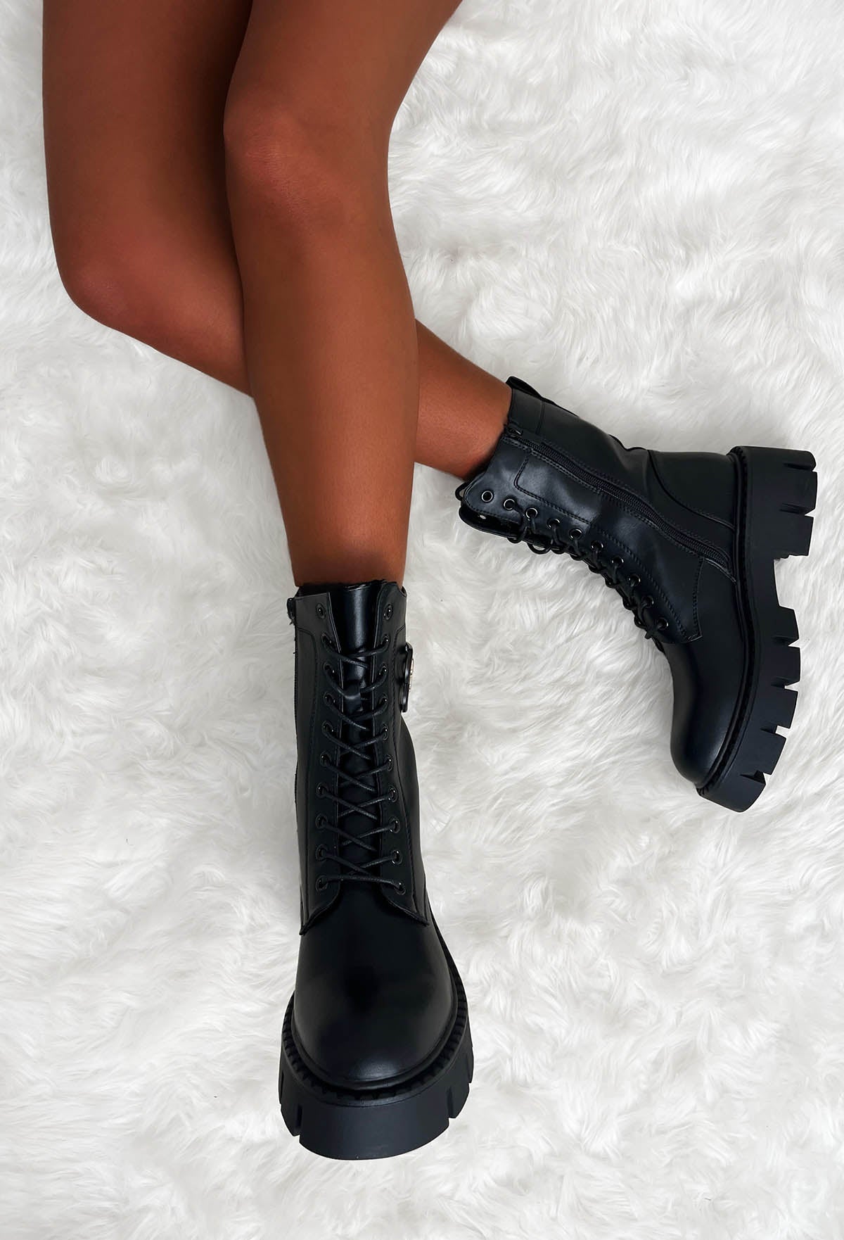 Step In Love Black Faux Leather Large Buckle Lace Up Boots