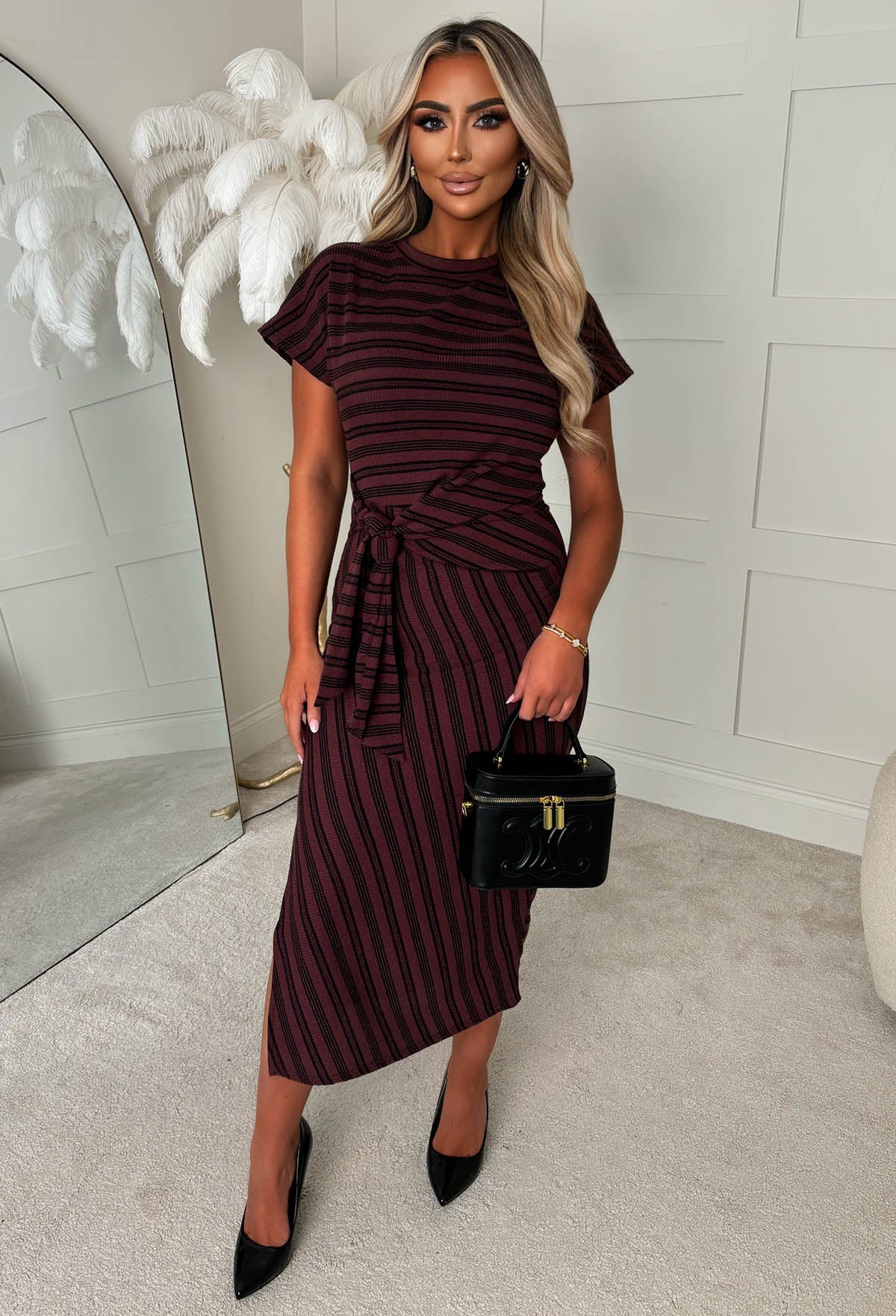 Strapped In Style Burgundy Tie Front Stripe Ribbed Dress