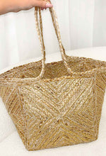 Beachy Glamour Natural Gold Detail Raffia Tote Bag
