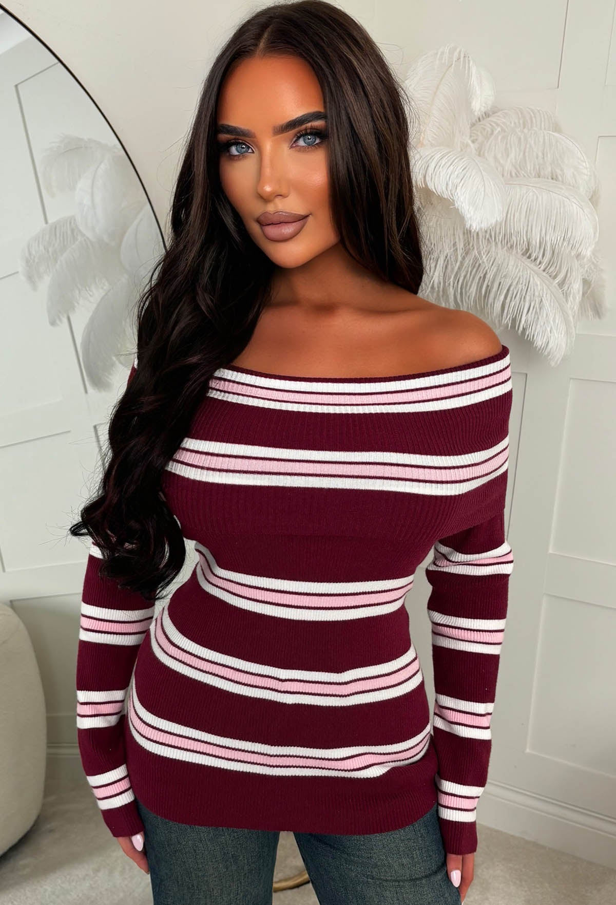Striped Adorer Burgundy Striped Bardot Foldover Long Sleeve Top
