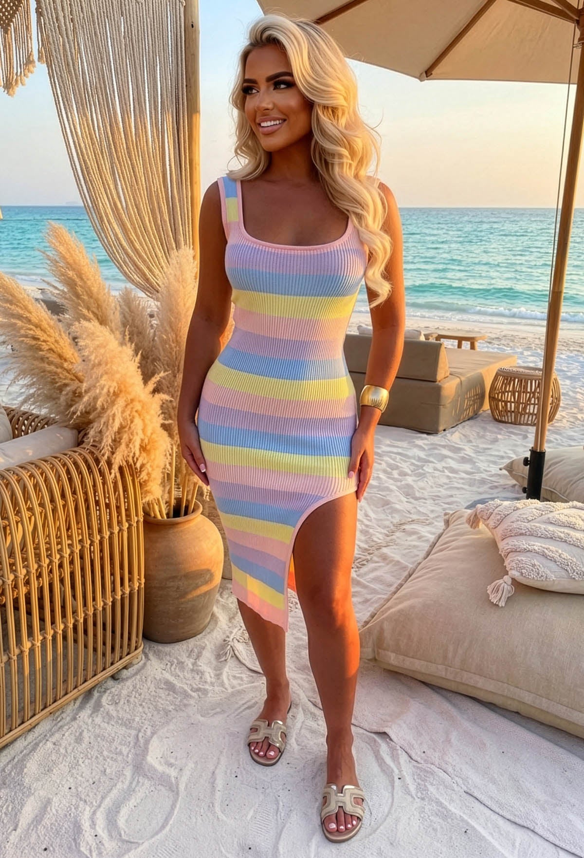 Striped & Chic Multi Sleeveless Knitted Leg Split Midi Dress