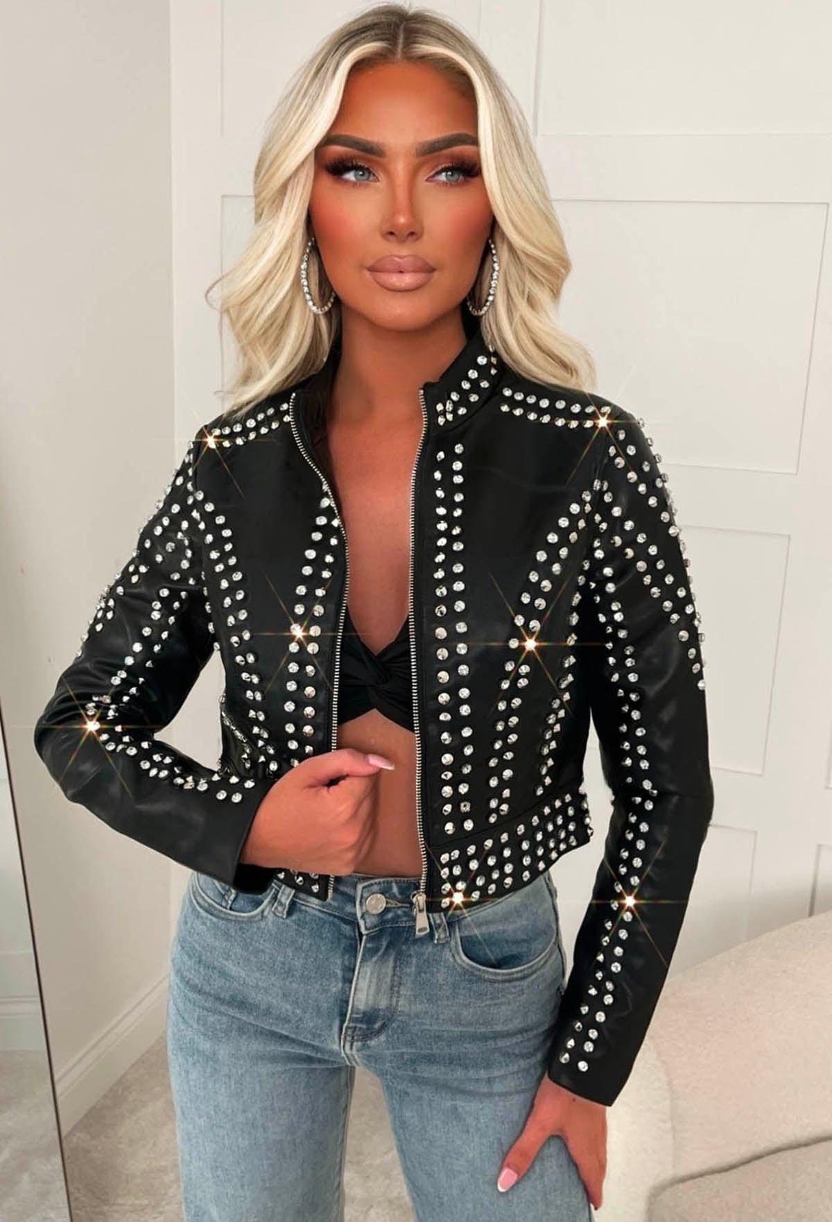 Studded Couture Black Studded Cropped Faux Leather Jacket
