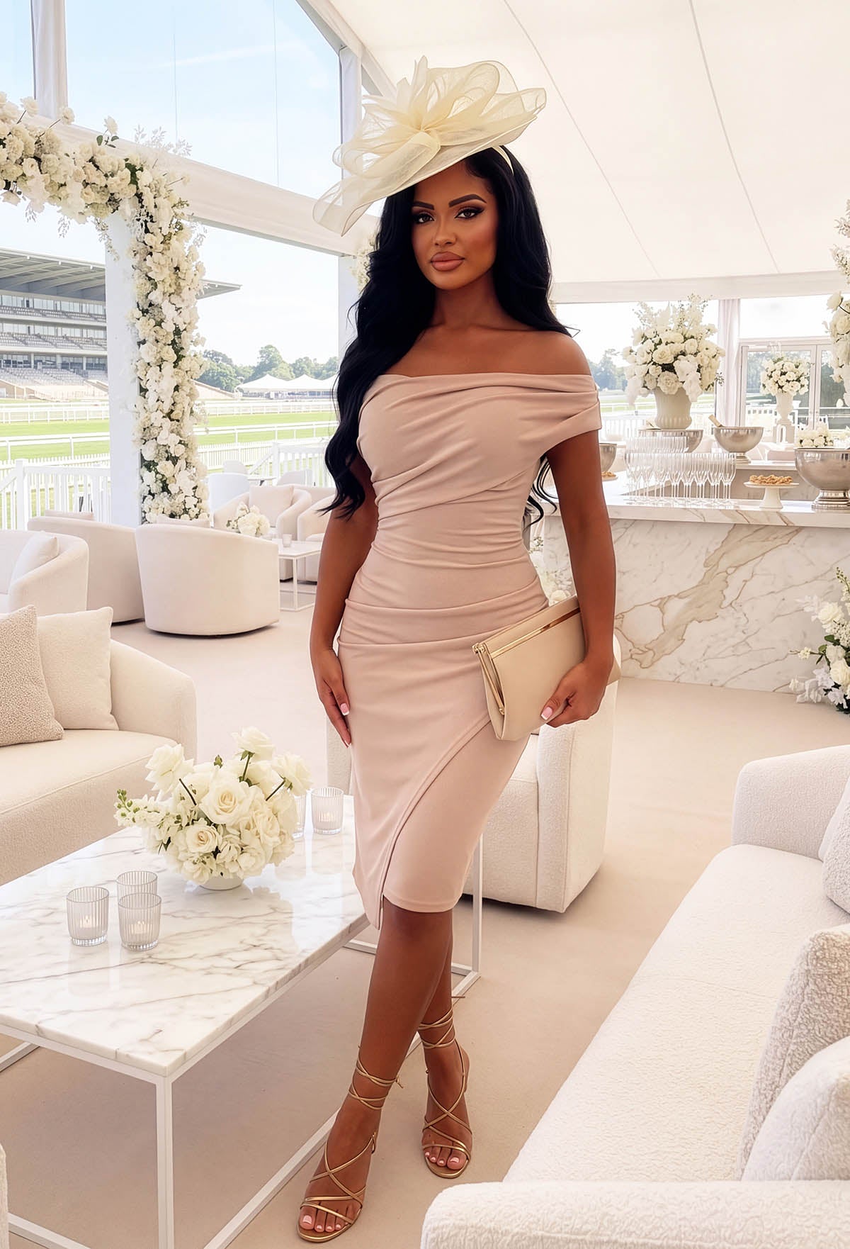 Sister's Stunning Stone Off Shoulder Ruched Midi