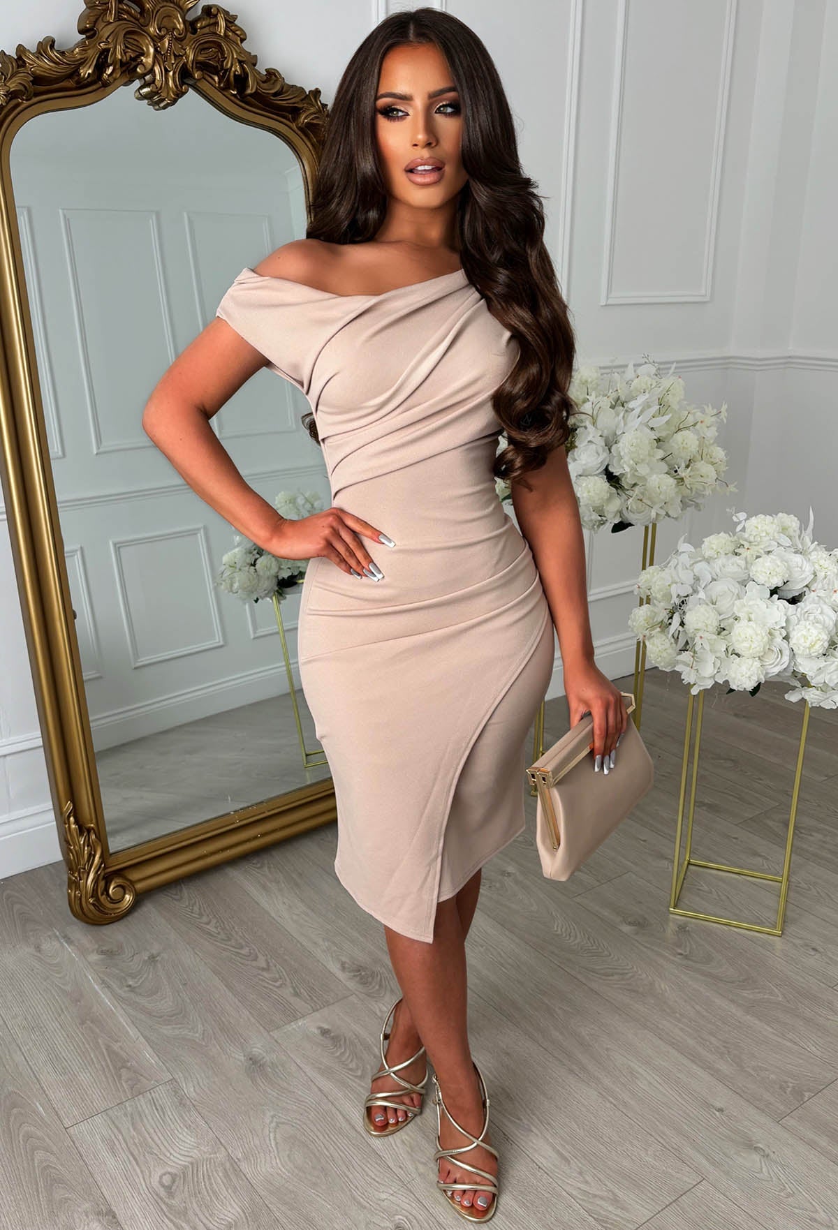 Stunning Sister Stone Off Shoulder Ruched Midi