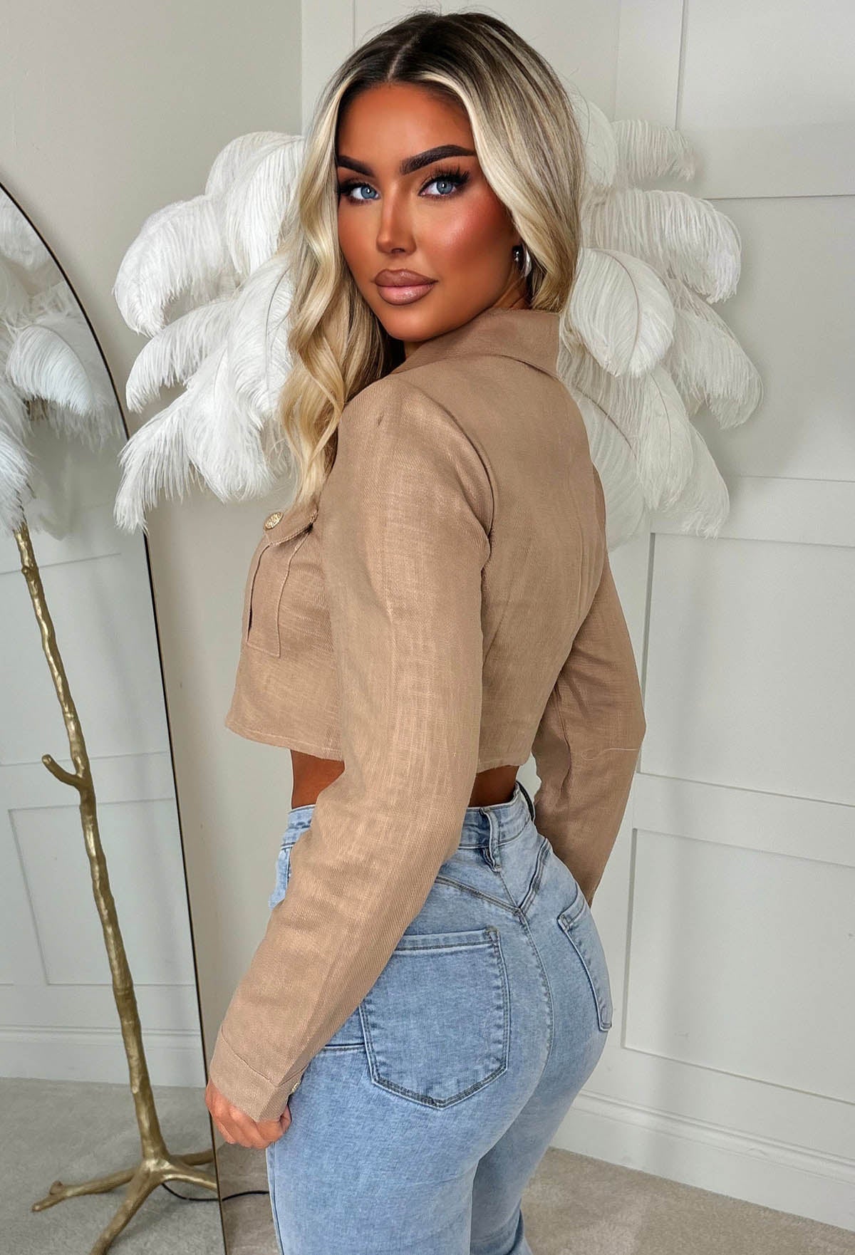 Camel Cropped Linen Jacket Close Up Back View