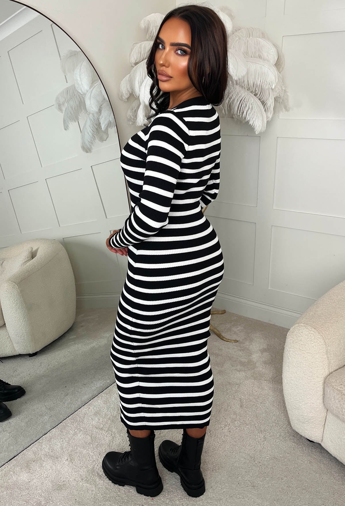 Sugar Crush Black Striped Knitted Midi Dress