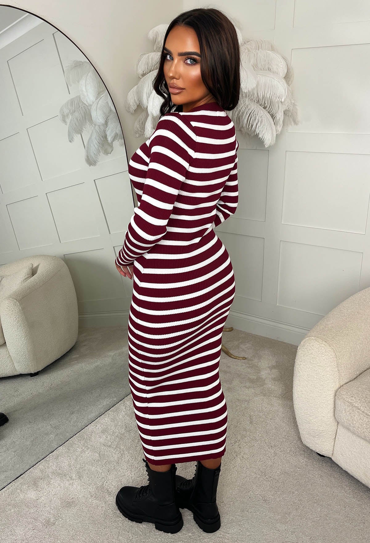 Sugar Crush Wine Striped Knitted Midi Dress