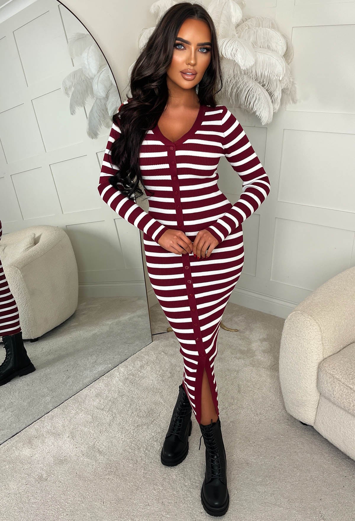 Sugar Crush Wine Striped Knitted Midi Dress