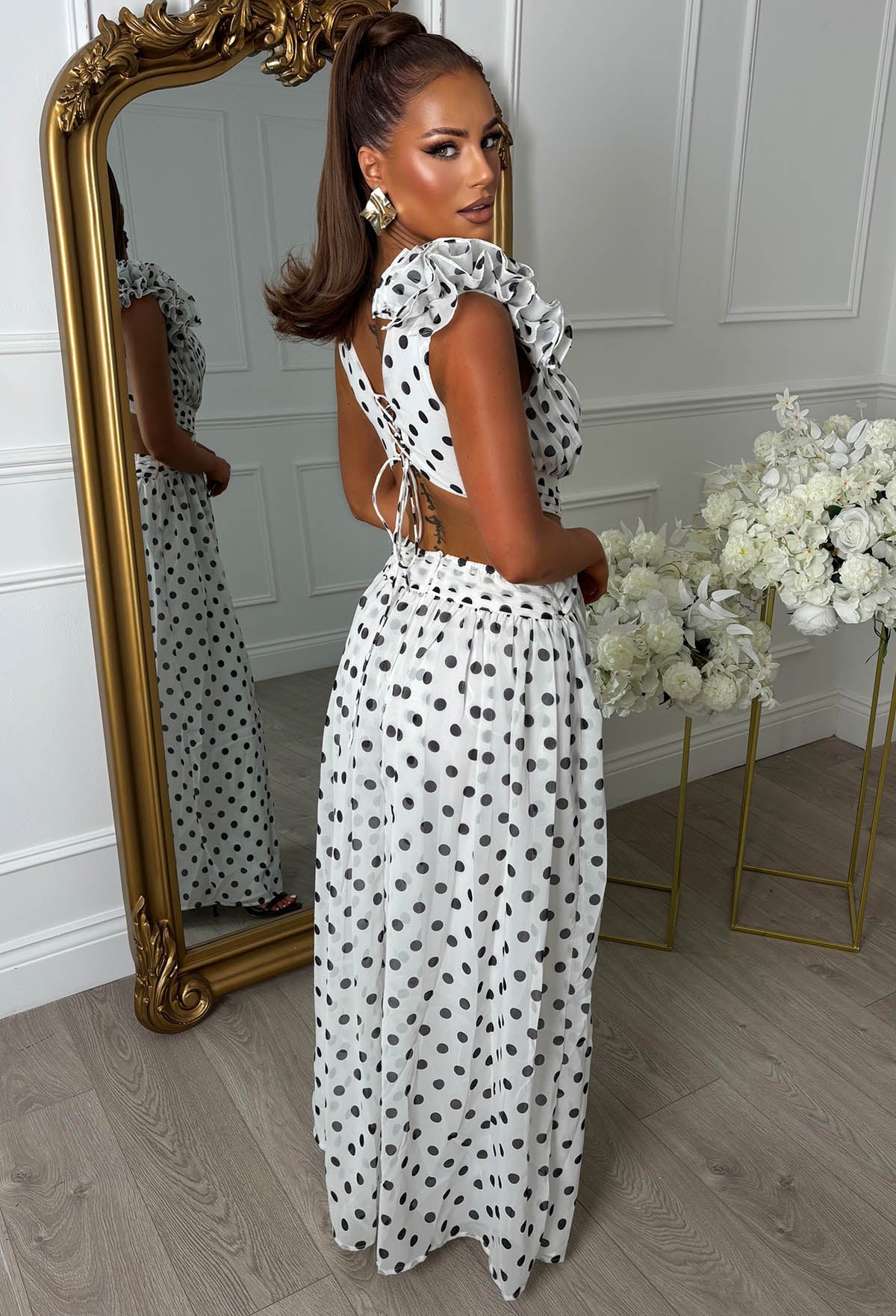 Summer Dawn White Polka Dot Cut Out Ruffle Maxi Dress