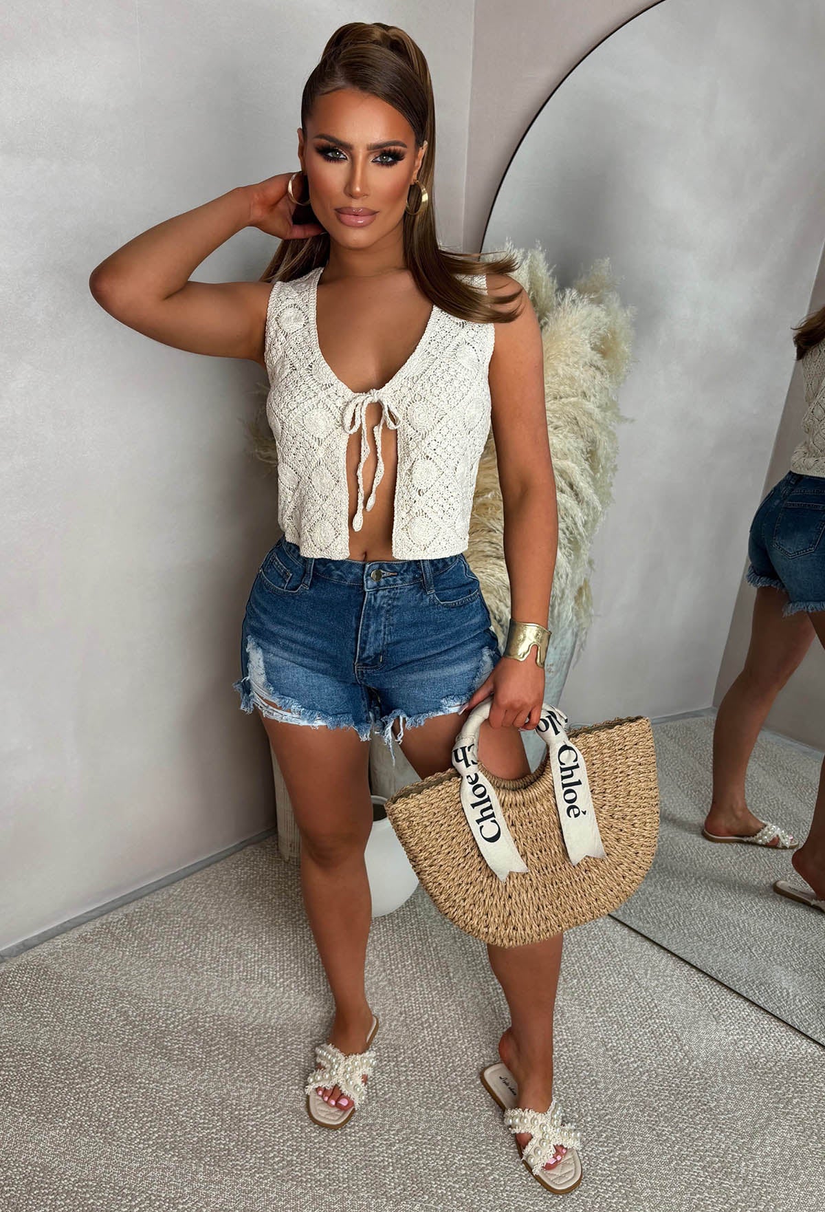 Summer Daze Beige Tie Knot Crochet Top