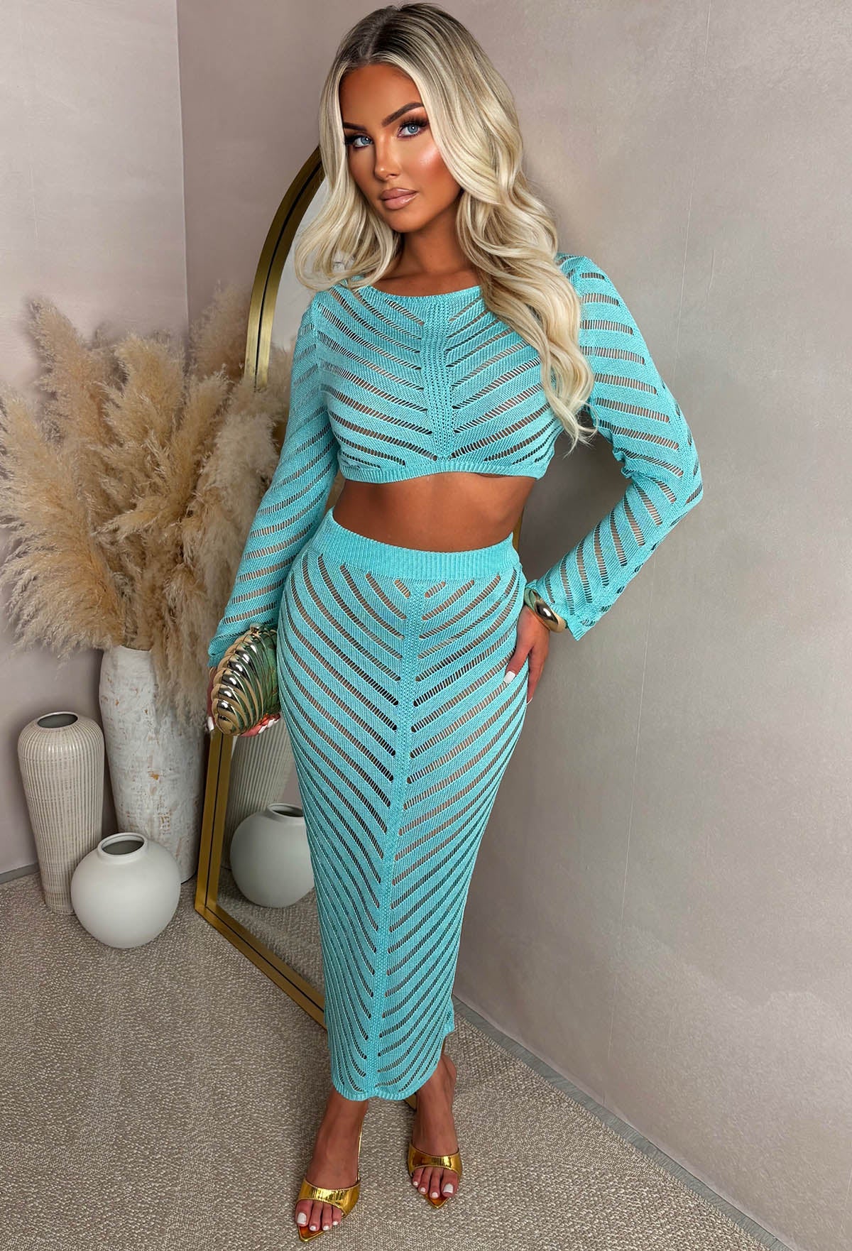 Summer Kisses Teal Sheer Knit Midi Skirt Co-Ord Set Pink Boutique