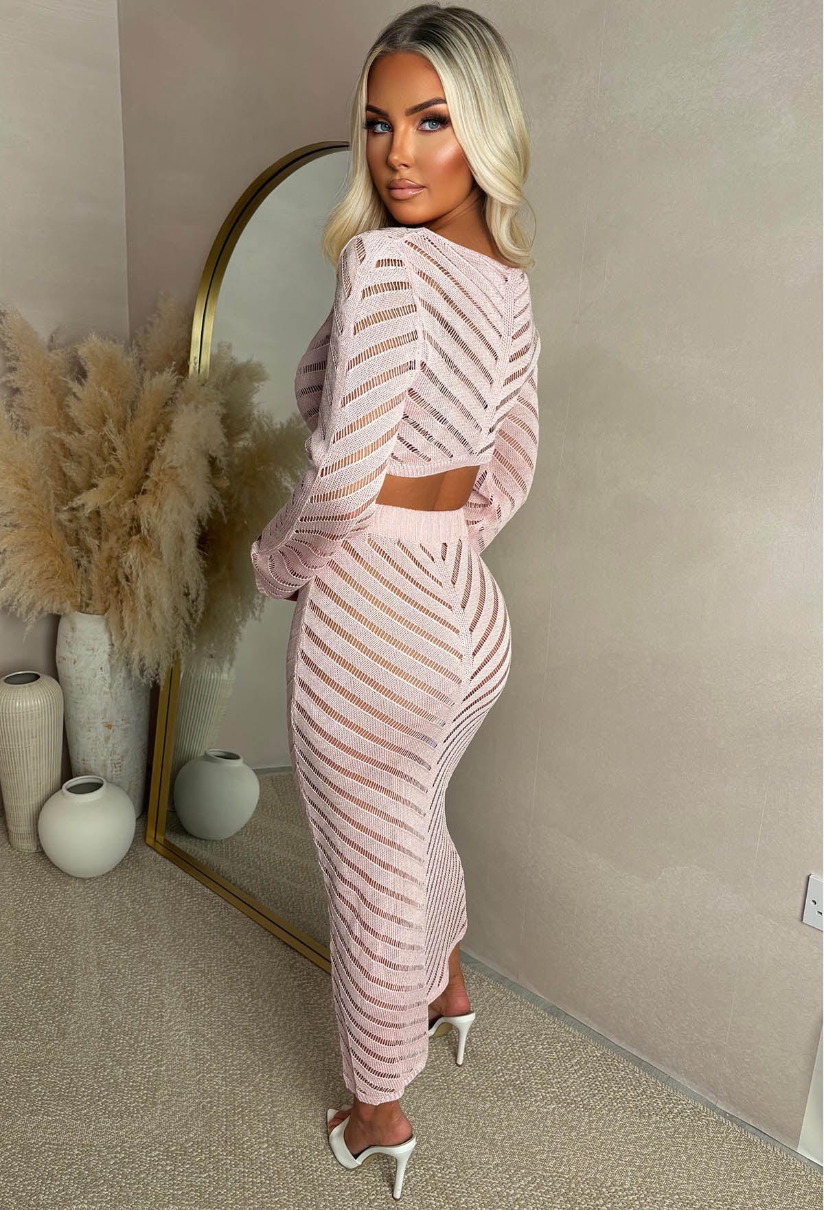 Summer Kisses Pink Sheer Knit Midi Skirt Co-Ord Set