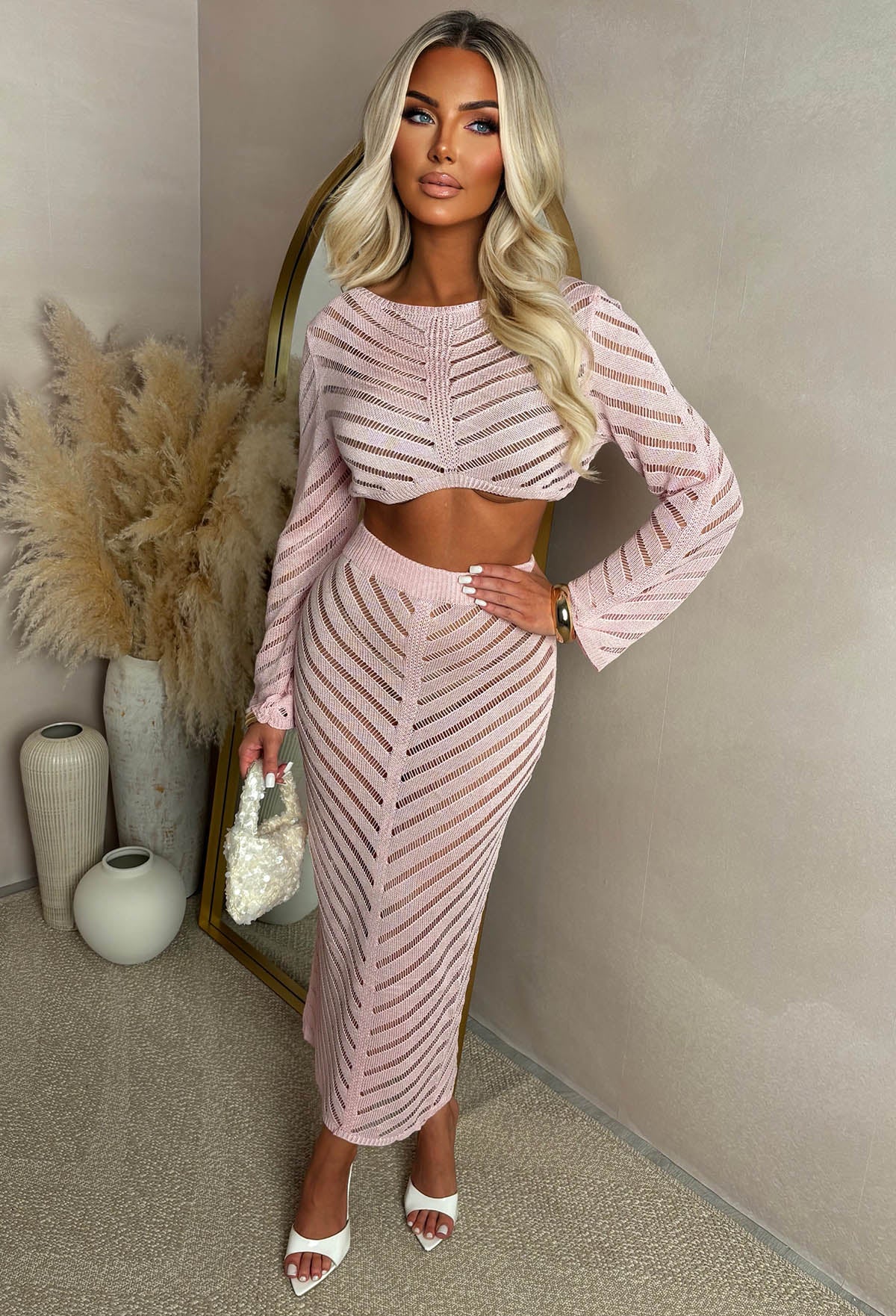 Summer Kisses Pink Sheer Knit Midi Skirt Co-Ord Set