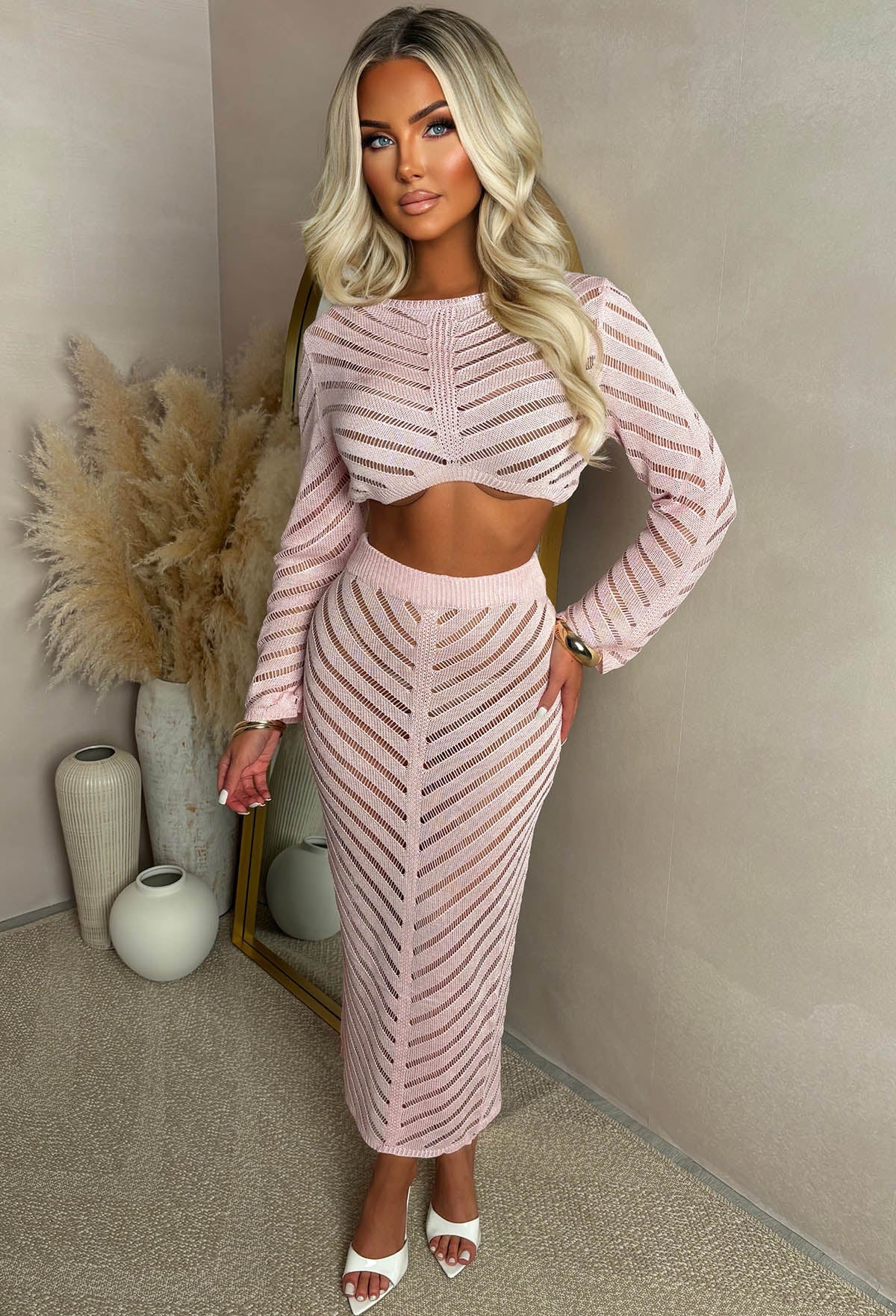 Summer Kisses Pink Sheer Knit Midi Skirt Co-Ord Set