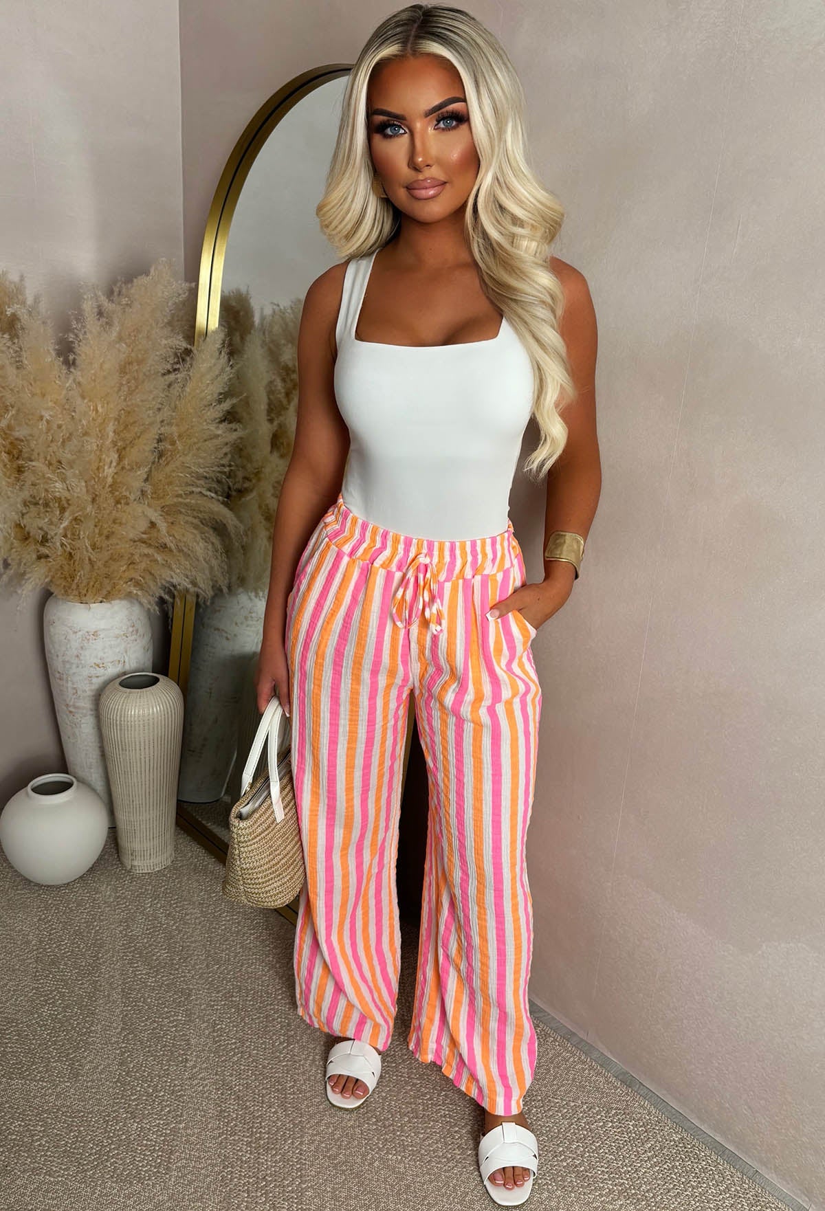 Summer Nostalgia Pink Stripe Straight Leg Casual Trousers Pink