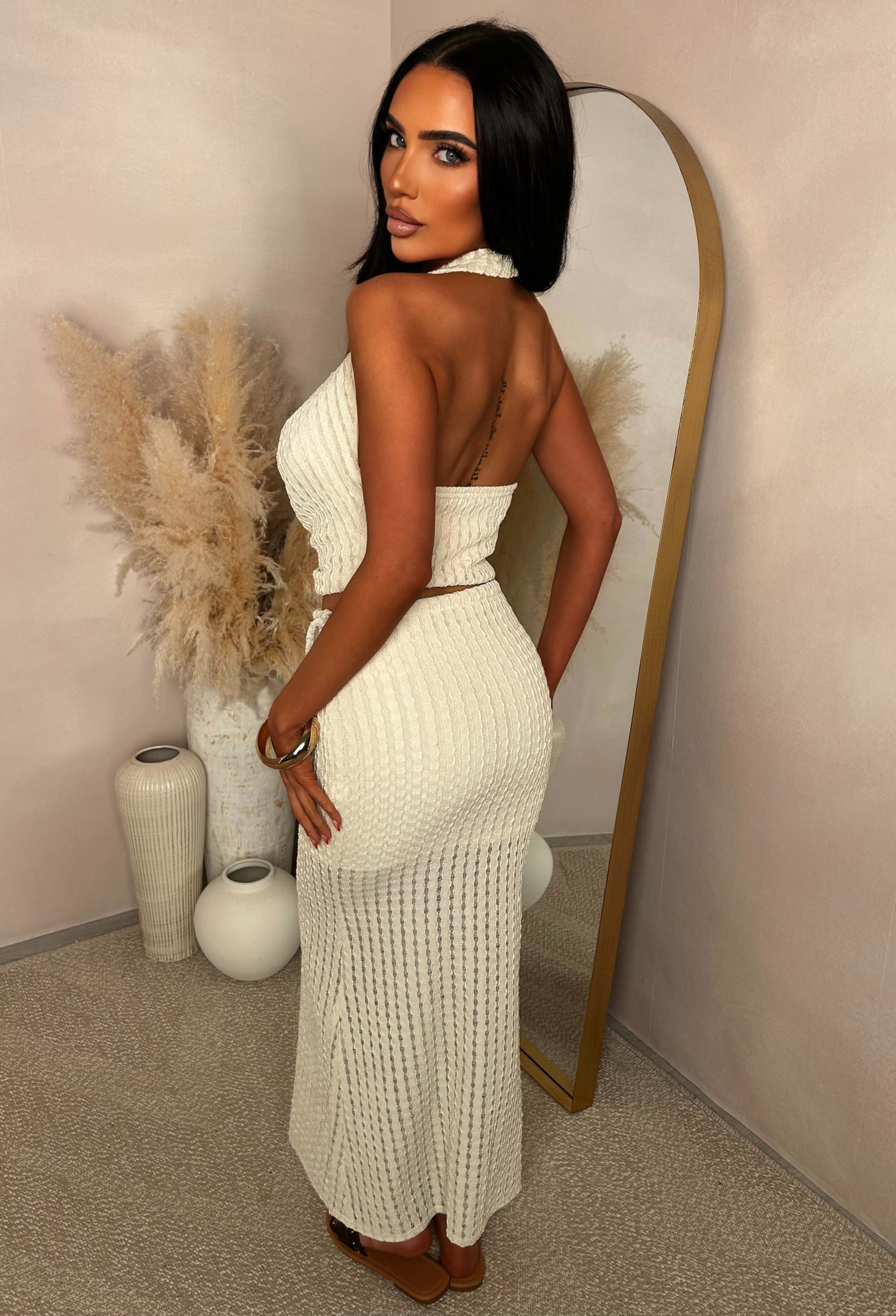 Summer On The Palm Cream Textured Bead Detail Co-ord Set