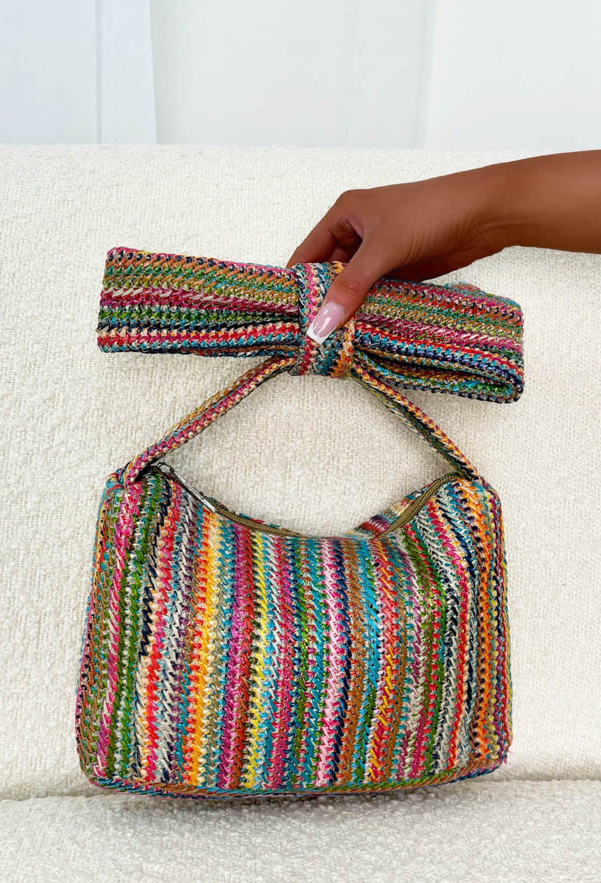 Summer Sizzle Multi Bow Handle Detail Raffia Bag