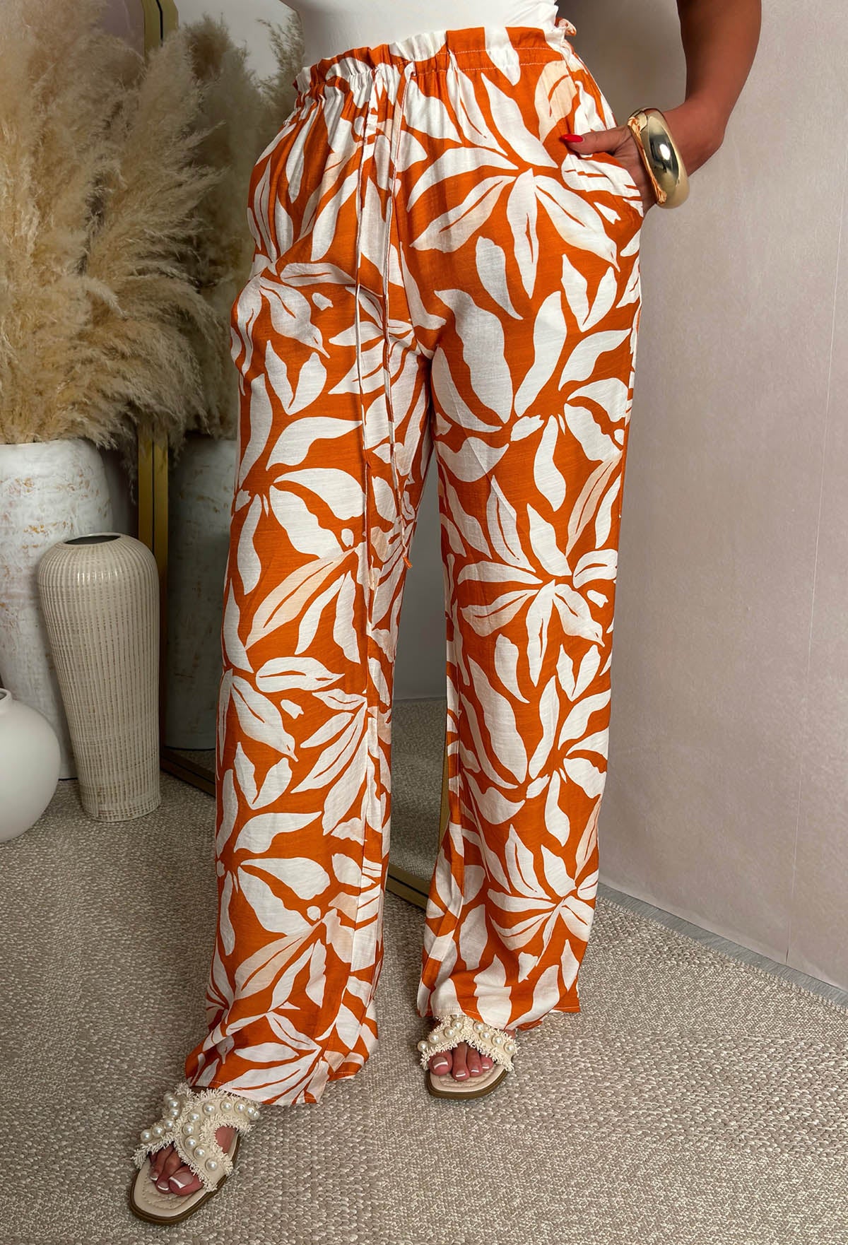 Summer Sunset Orange Floral Print Trousers