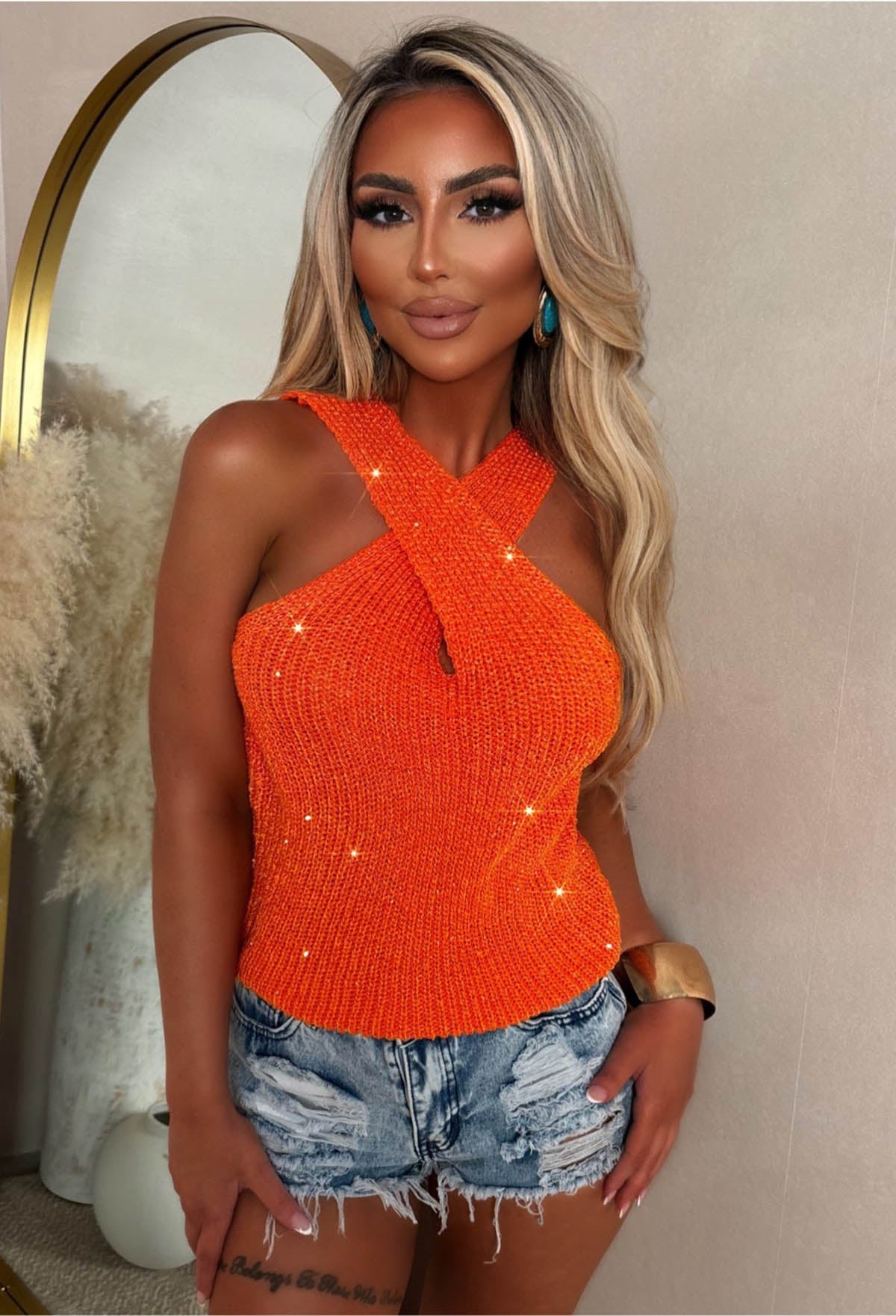 Sun Goddess Orange Halterneck Knitted Sequin Top