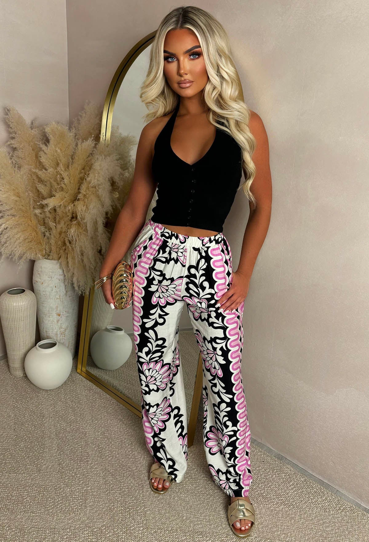 Sunkissed Luxe Lilac Floral Print Straight Leg Stretch Trousers