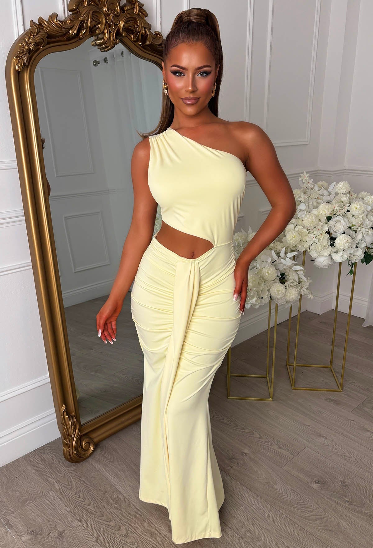 Sunset Chic Lemon Cut Out Ruched One Shoulder Maxi Dress