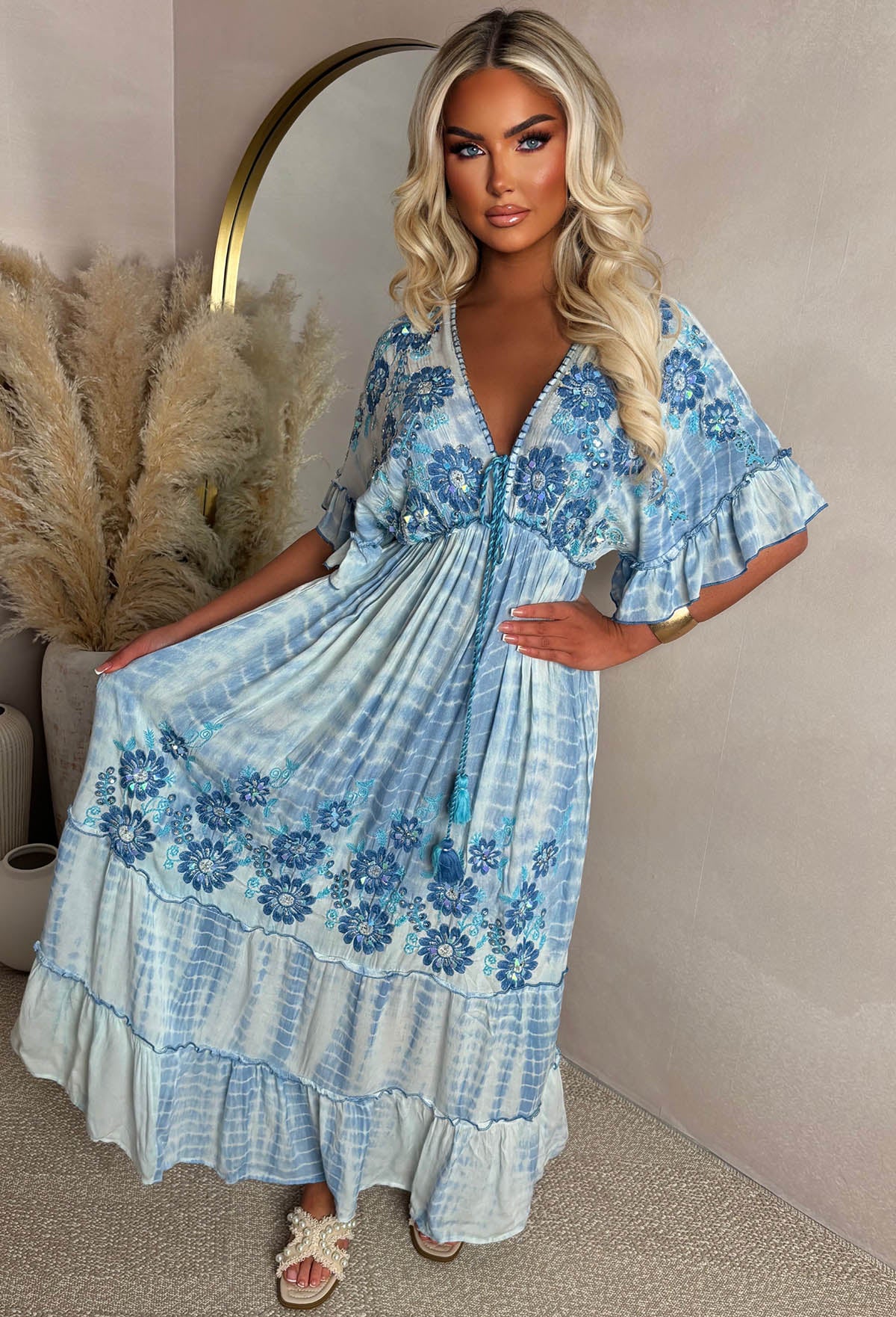 Sunset Seduction Blue Embroidered Tie Dye Maxi Dress