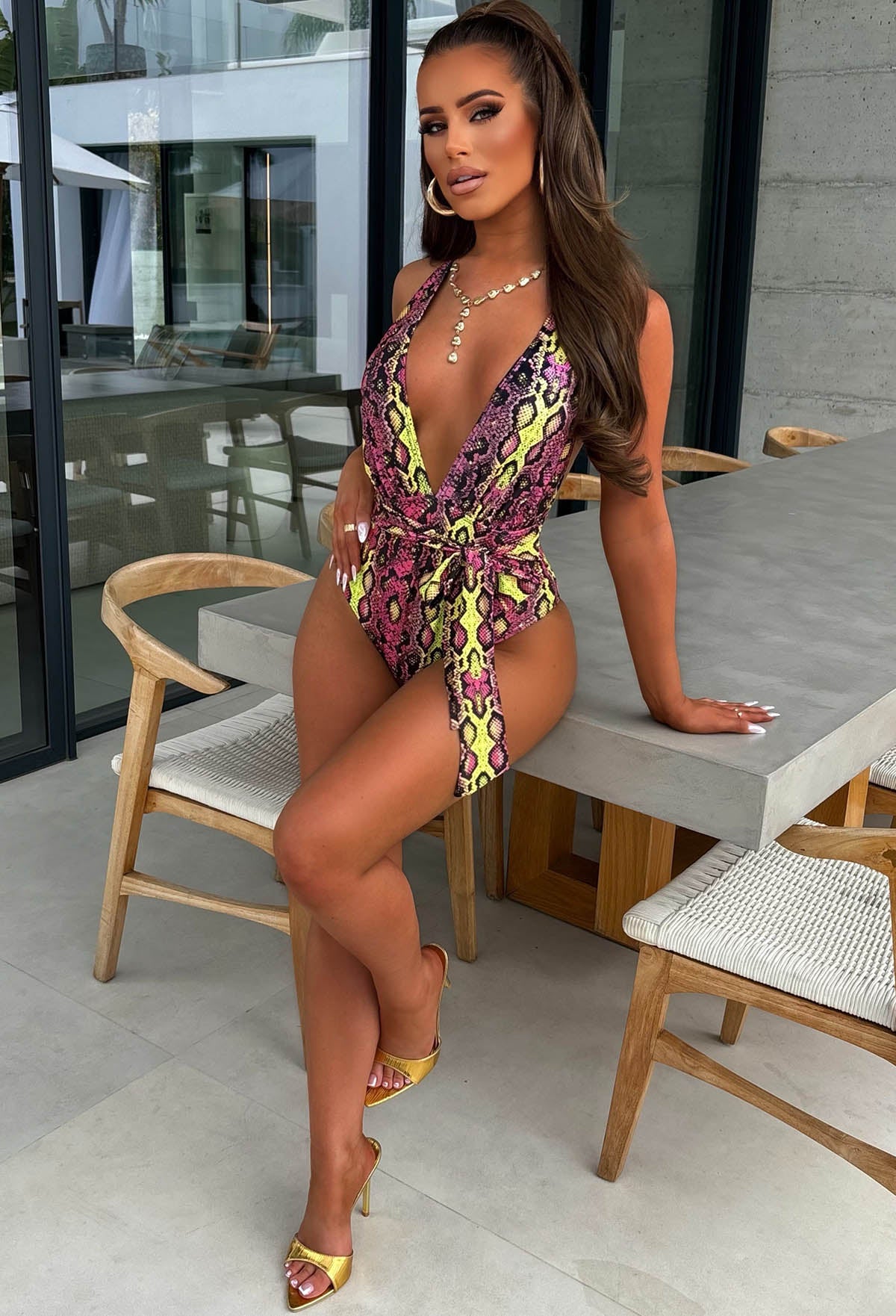 Sunset Siren Pink Fuchsia Yellow Snakeskin Plunge Swimsuit