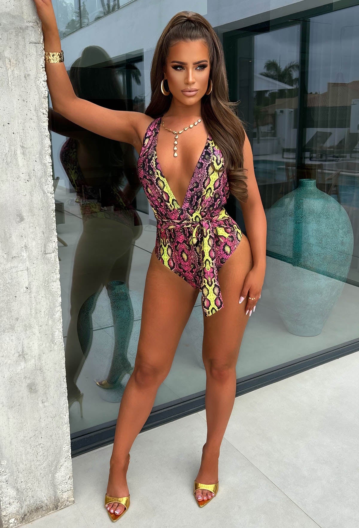 Sunset Siren Pink Fuchsia Yellow Snakeskin Plunge Swimsuit