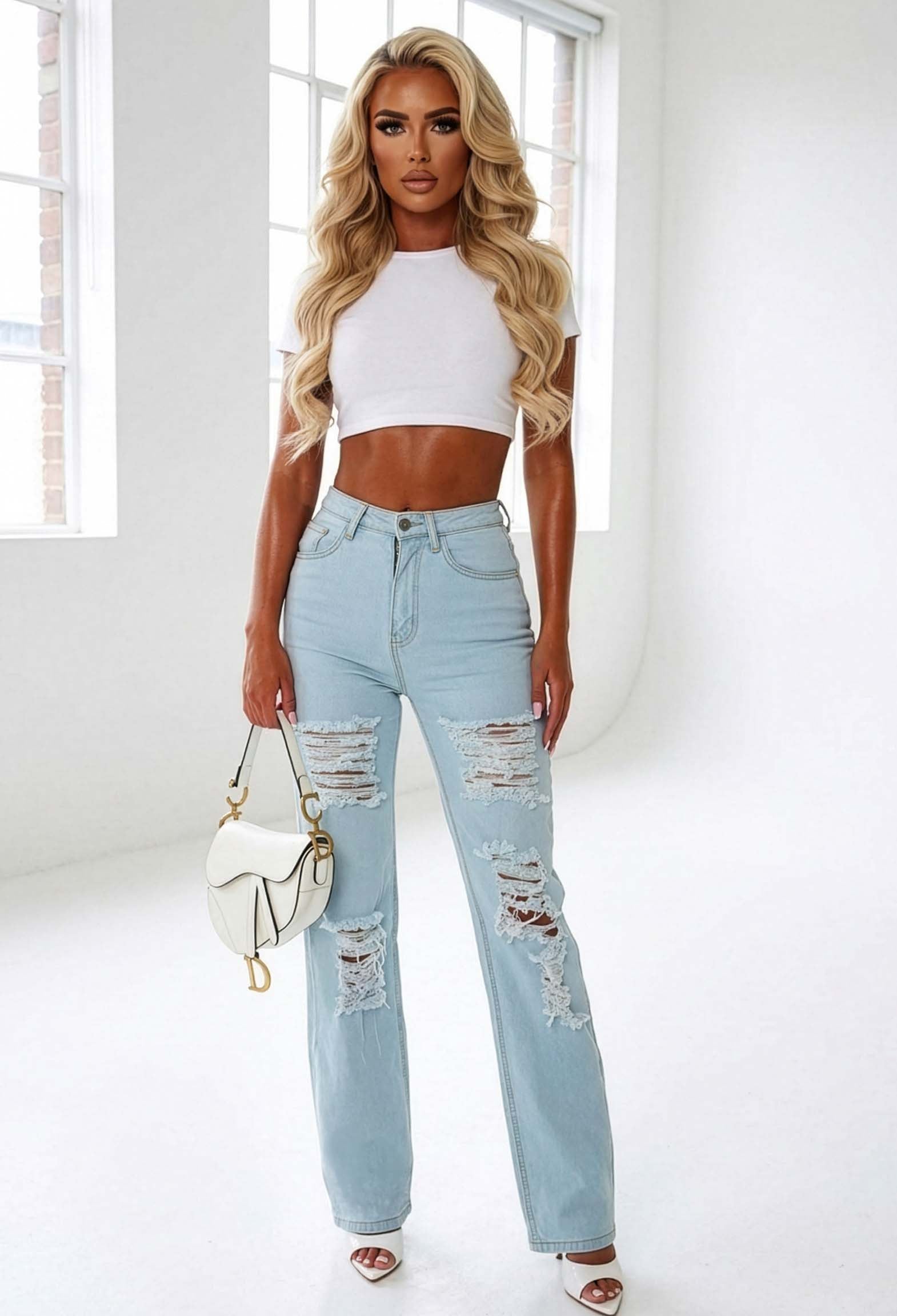 Suzie Light Wash Stretch Heavily Distressed Straight Leg Jeans