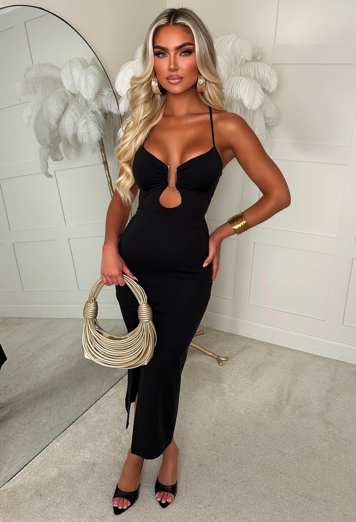 Sweet Essence Black Halterneck Tied Back Midi Dress