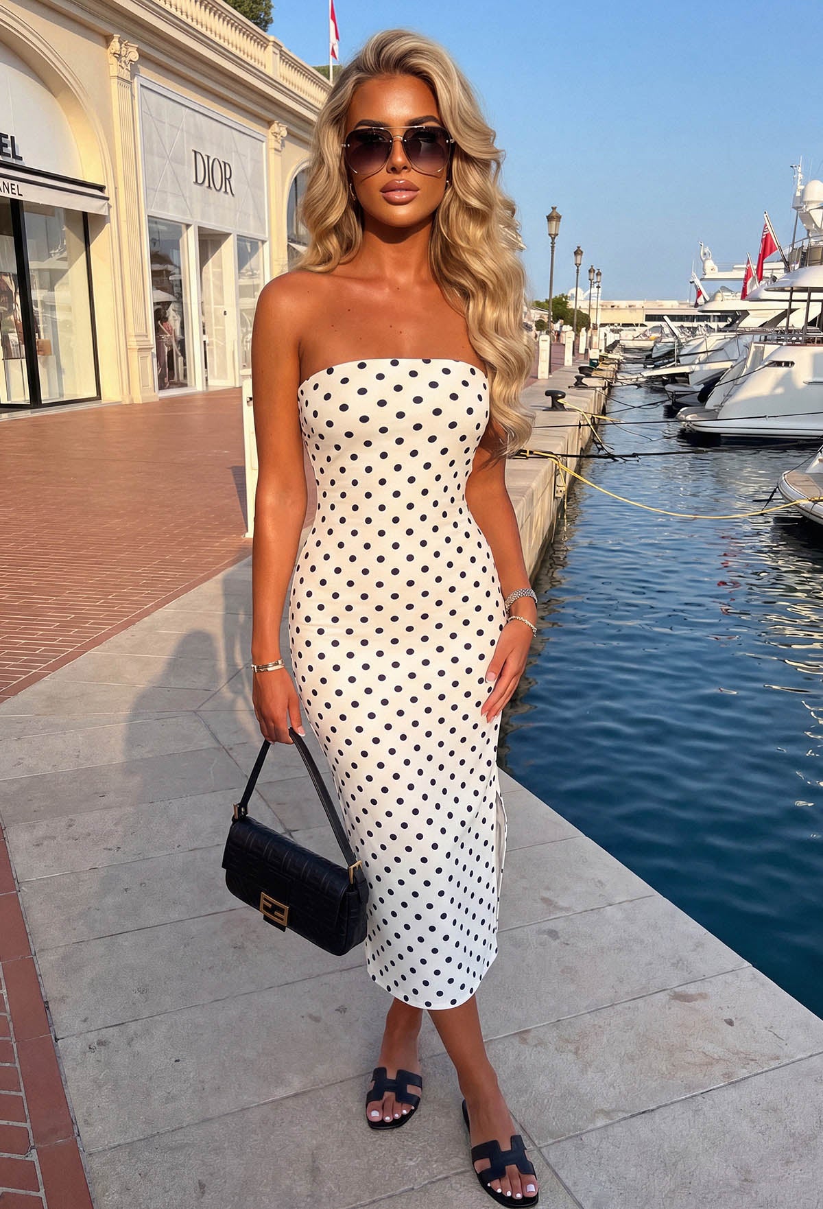 Monochrome Polka Dot Bandeau Jersey Dress With Side Slit
