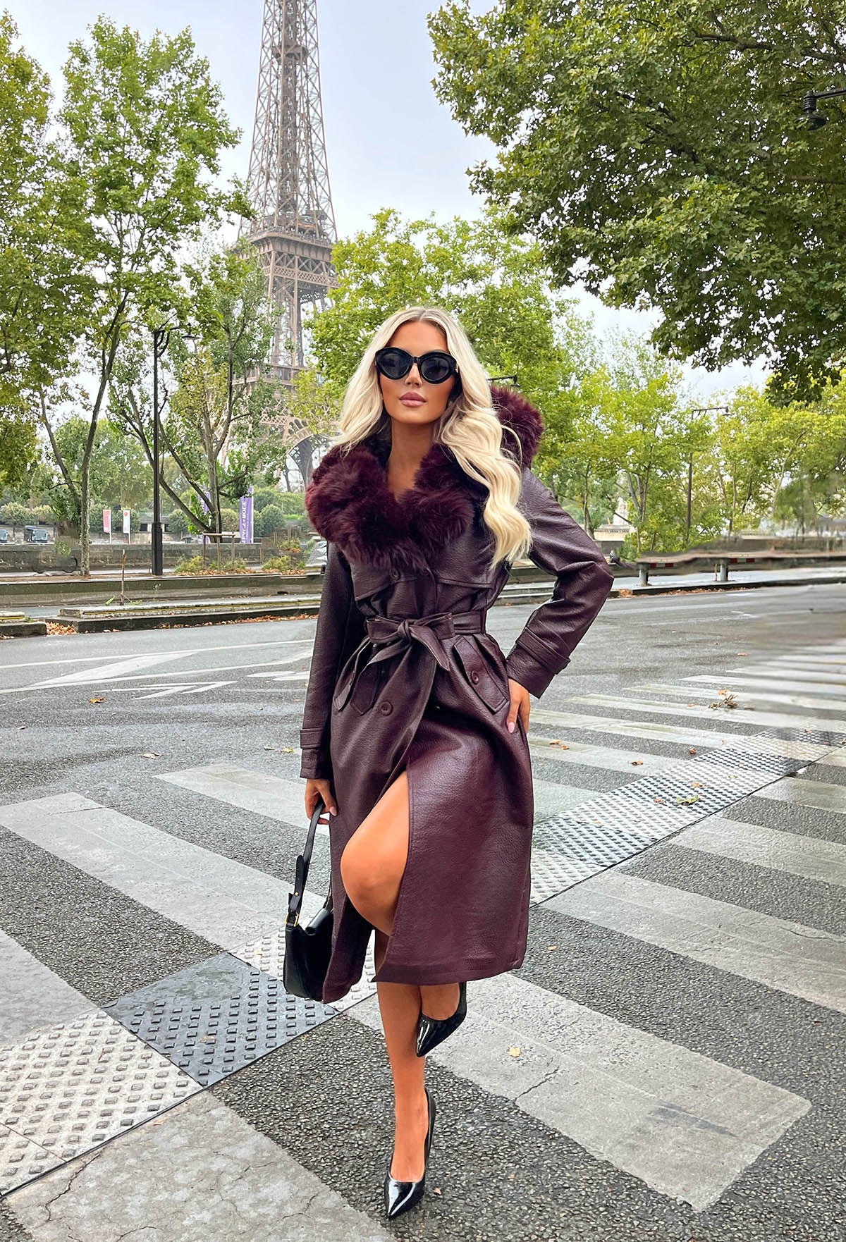 Sweet & Snug Burgundy Faux Leather Faux Fur Trench Coat