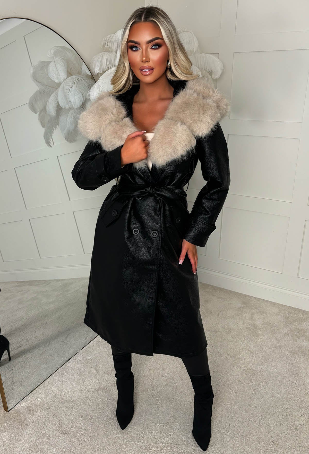 Sweet & Snug Cream Faux Leather Faux Fur Trench Coat