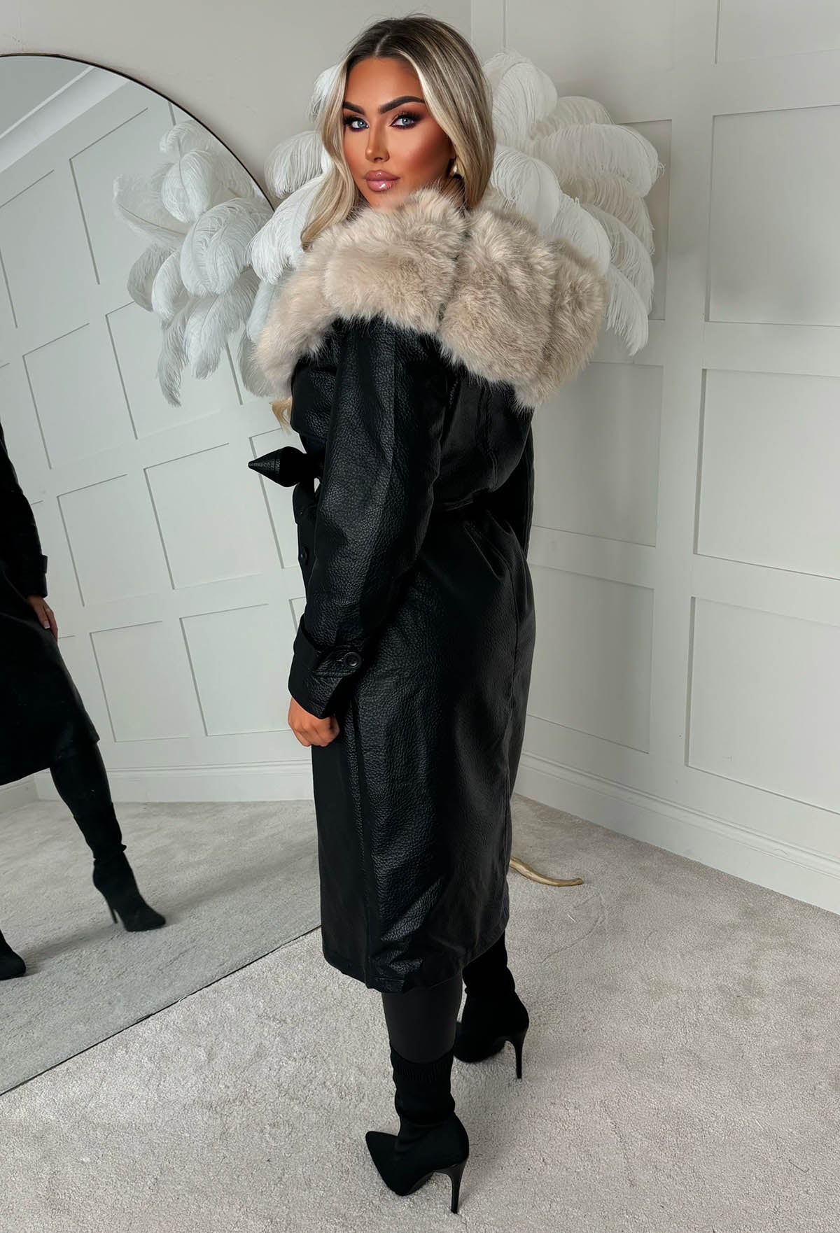 Sweet & Snug Cream Faux Leather Faux Fur Trench Coat