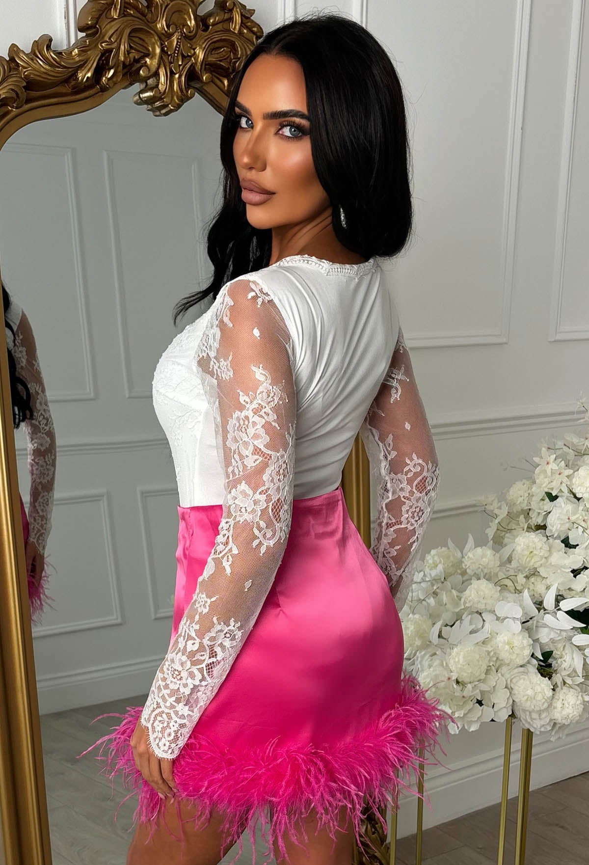 Pink Feather Satin Skirt