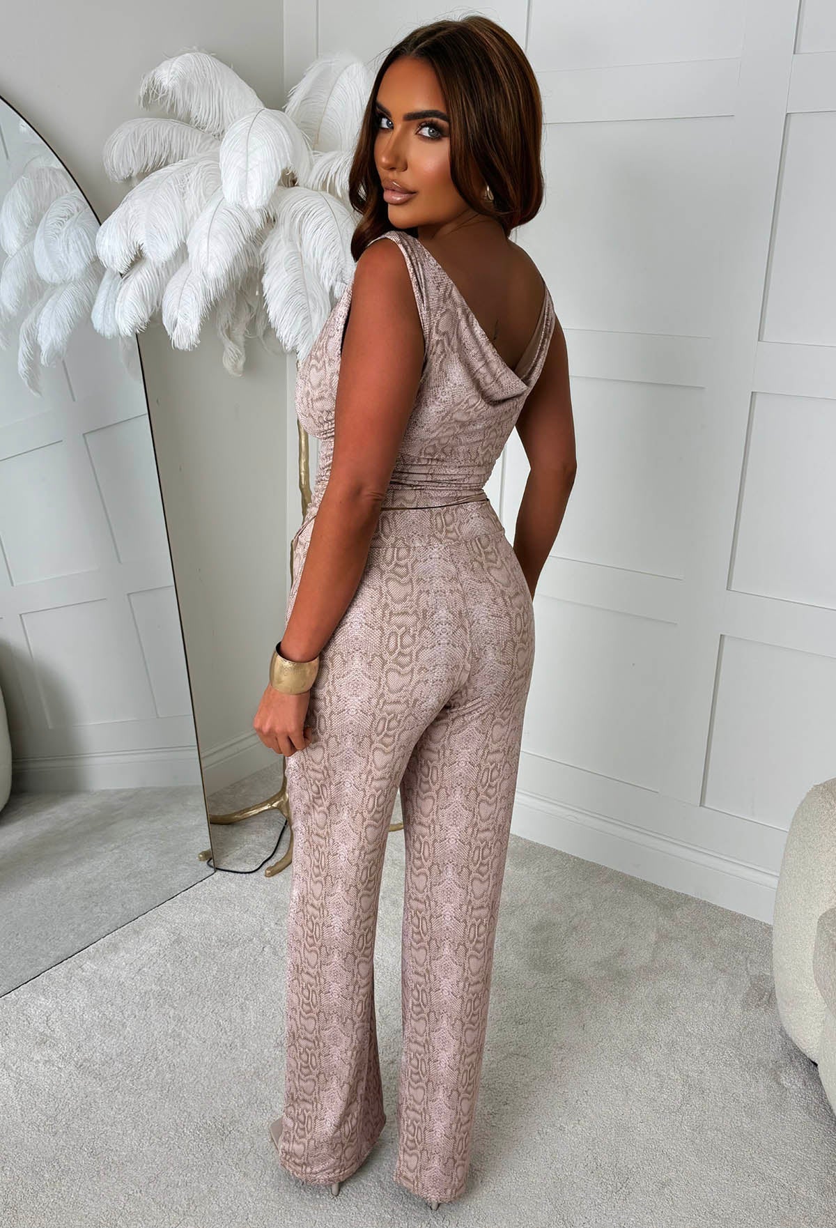 Sweetest Soul Beige Snake Print Slinky Cowl Neck Top