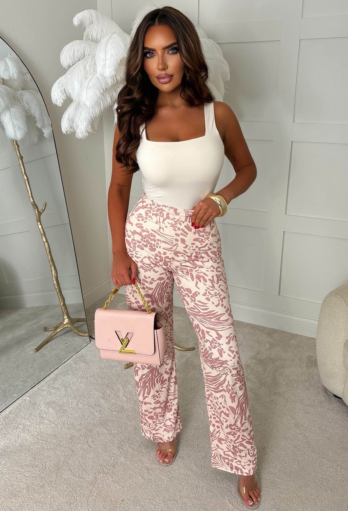 Sweetest Soul Light Pink Animal Print Slinky Straight Leg Trousers