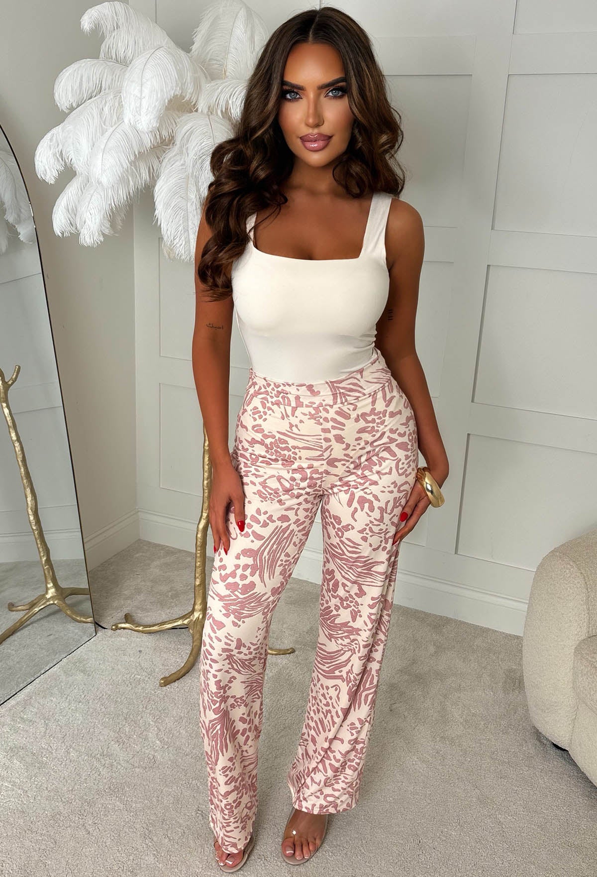 Sweetest Soul Light Pink Animal Print Slinky Straight Leg Trousers