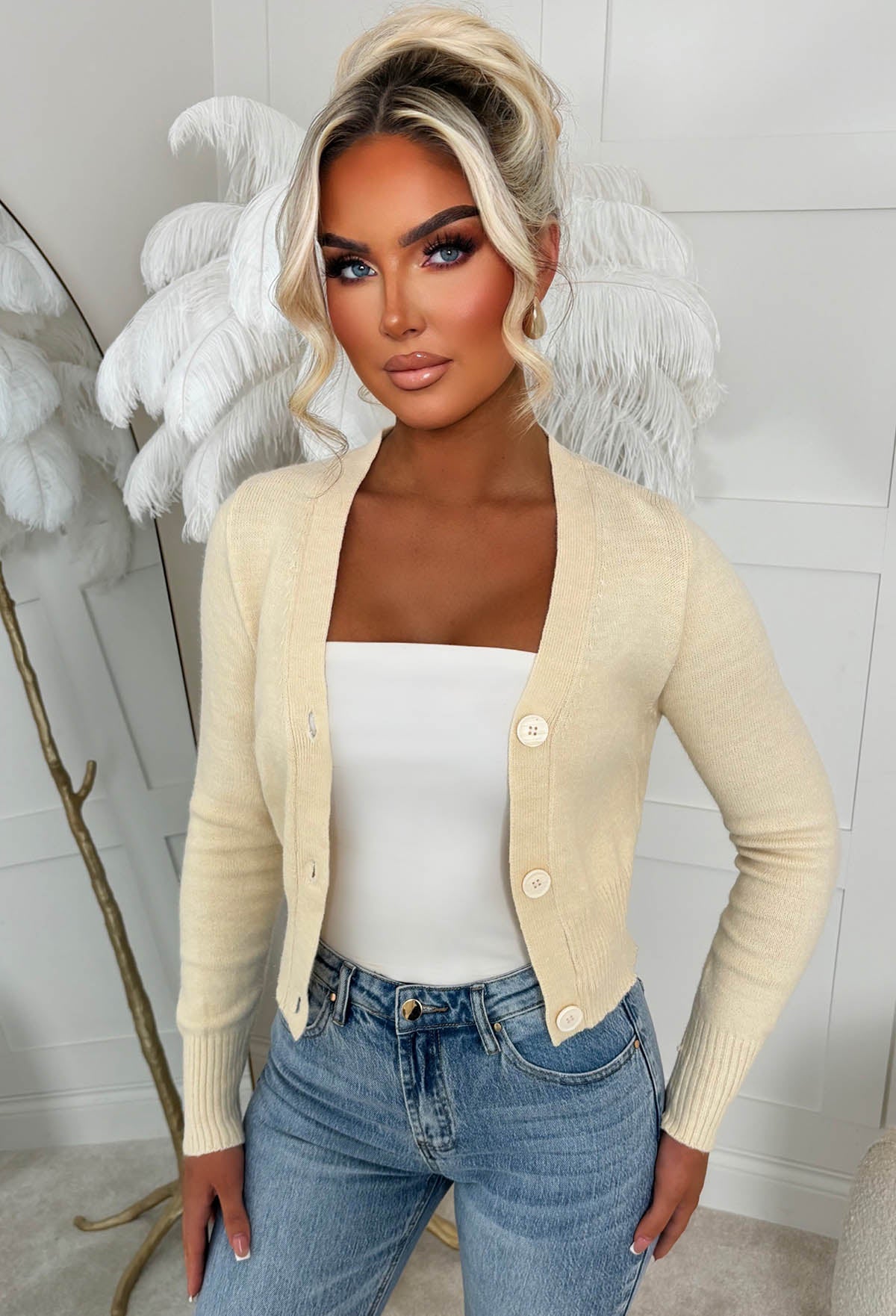 Sweetheart Knit Cardigan Set-Cream/Lightblue