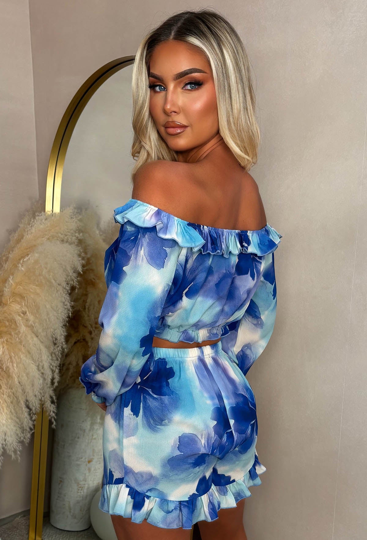 Take Me Away Blue Printed Floral Bardot & Shorts Co-Ord Set