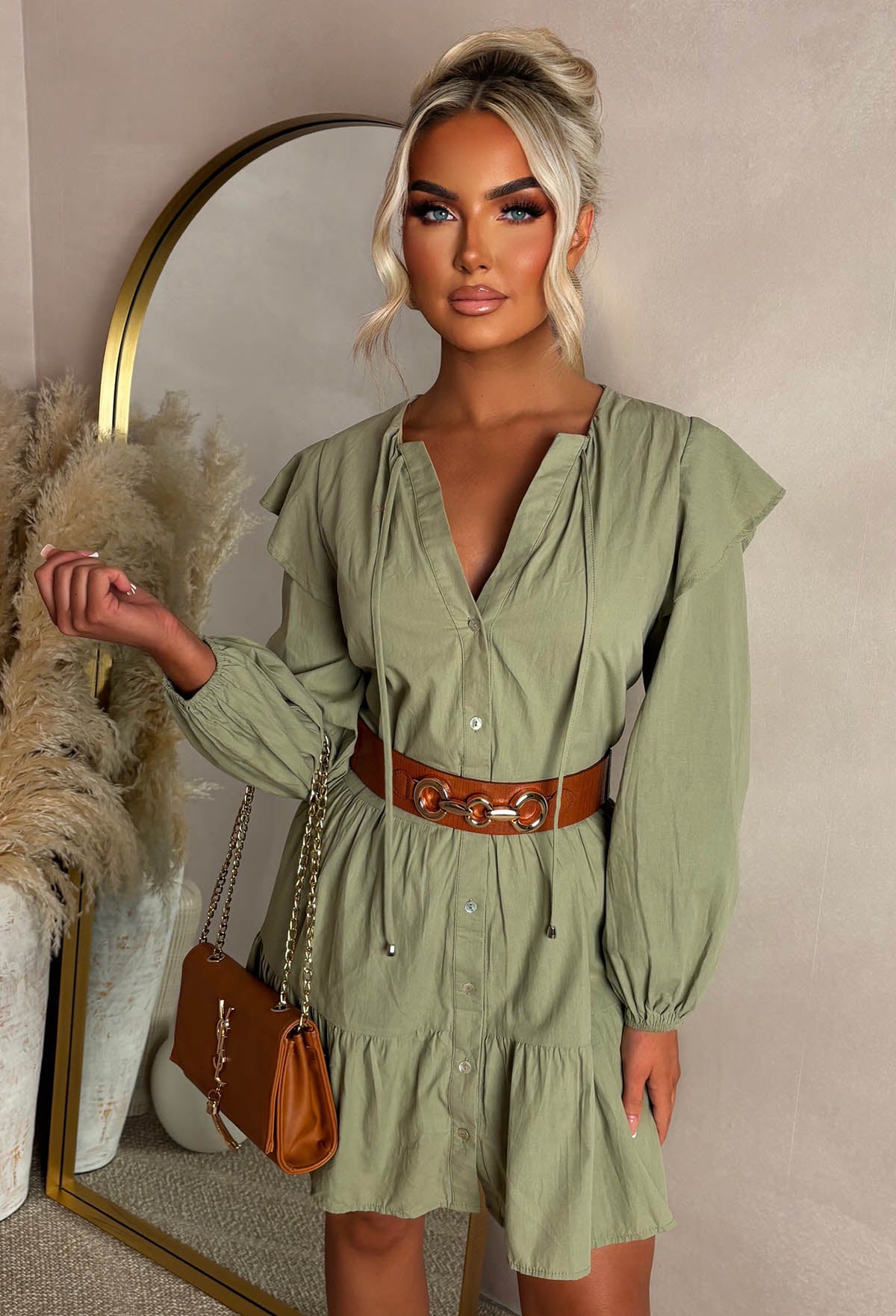 Take Me To Paradise Khaki Frill Front Shirt Dress