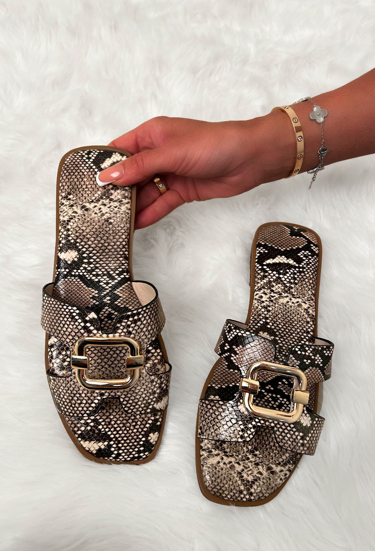 Tame Her Brown Snakeskin Gold Detail Sliders