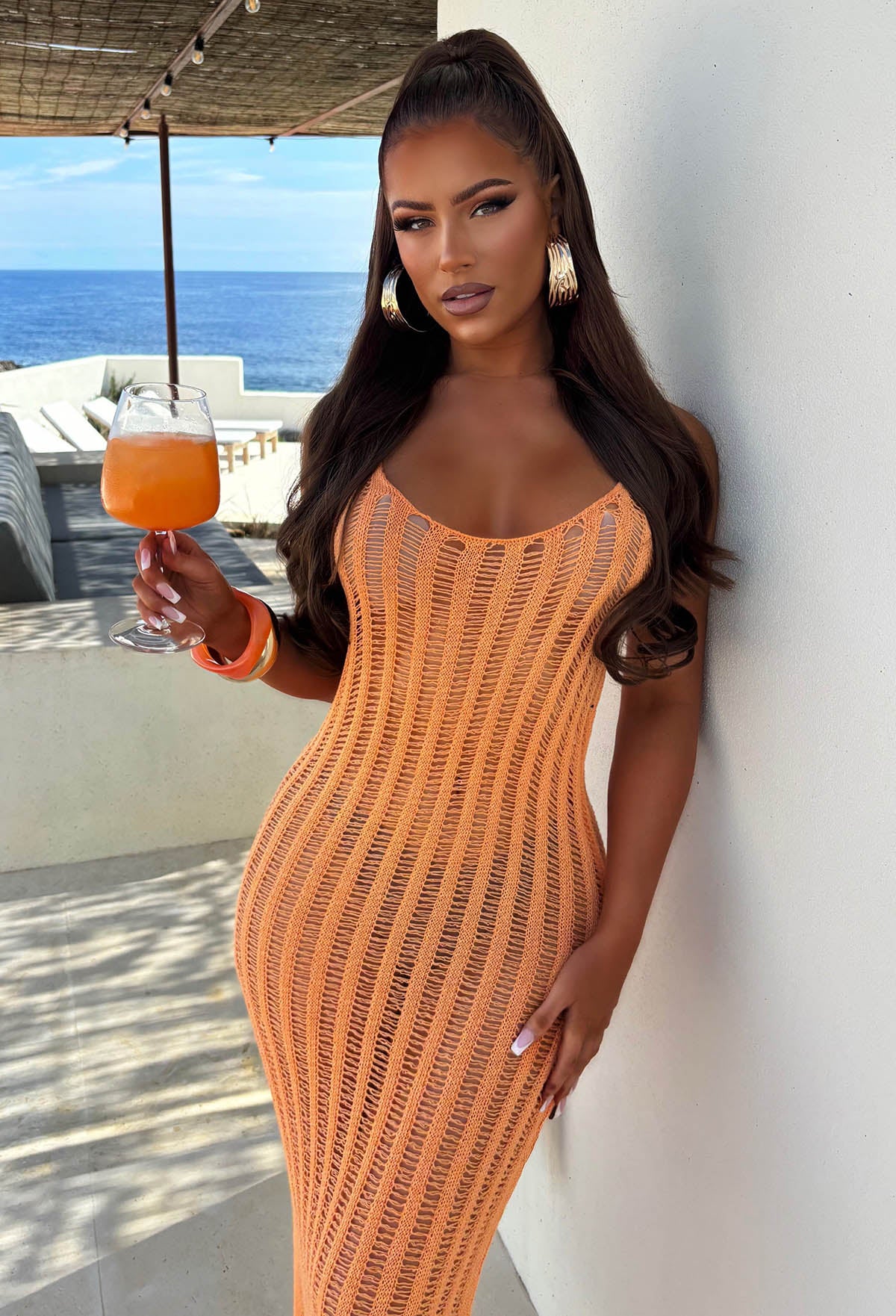 Tangerine Dream Orange Square Neck Laddered Knitted Maxi Cover Up