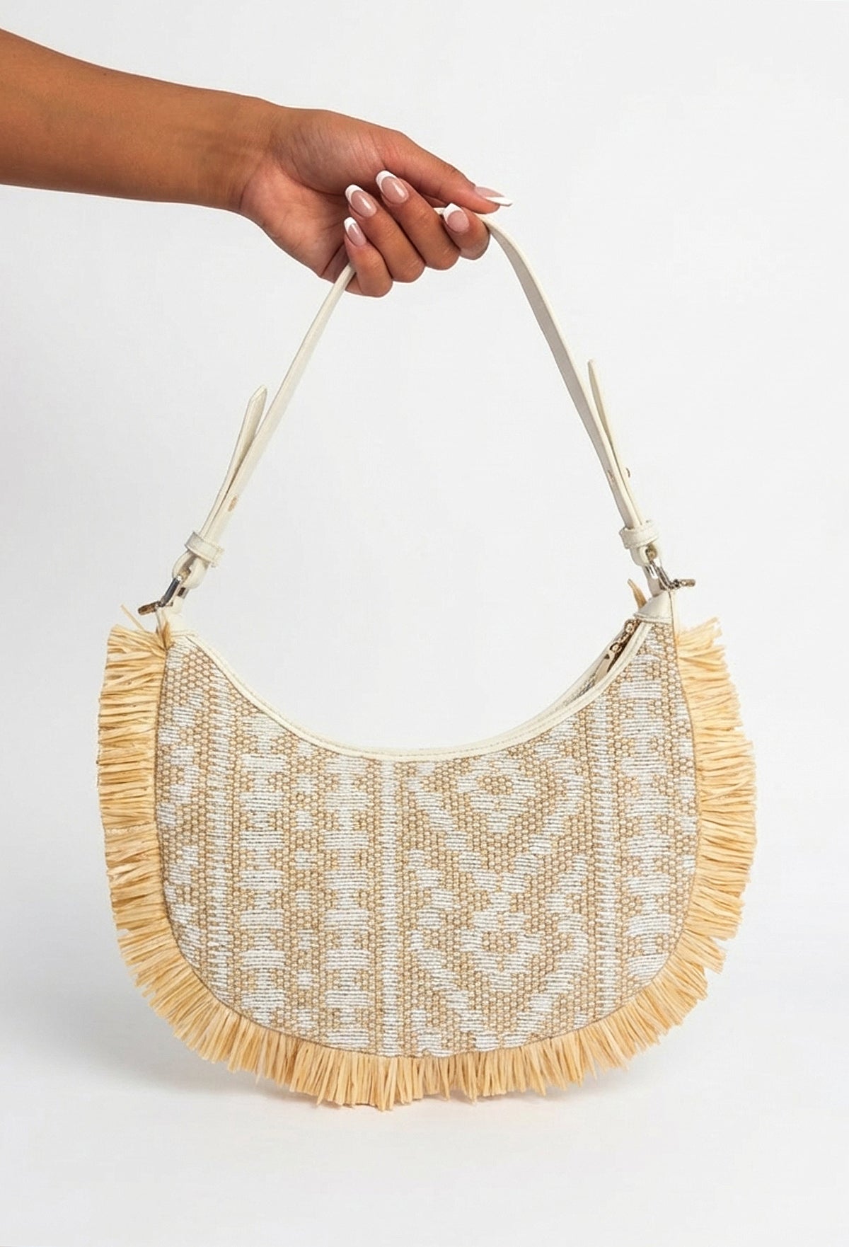 Taurus Beige Raffia Tassle Detail Shoulder Bag