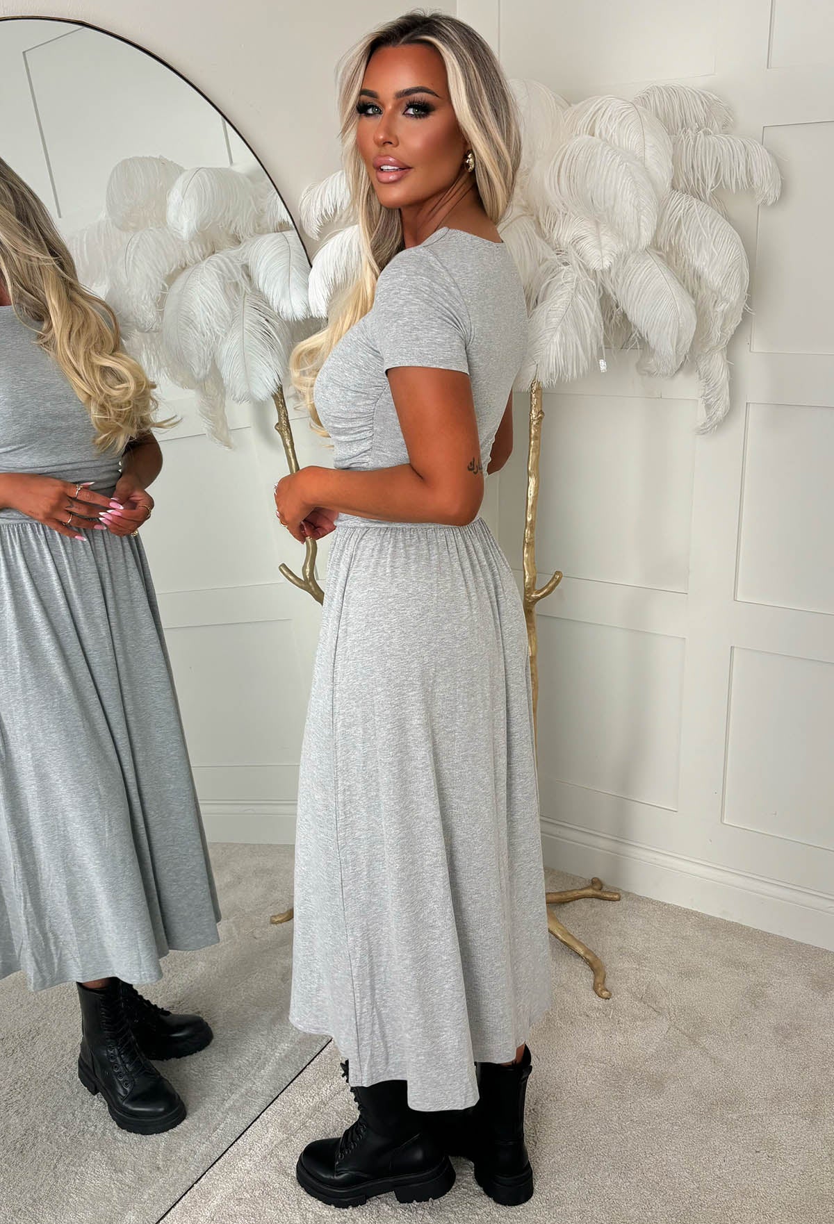 Tease Please Grey T Shirt Ruched Midi Dress