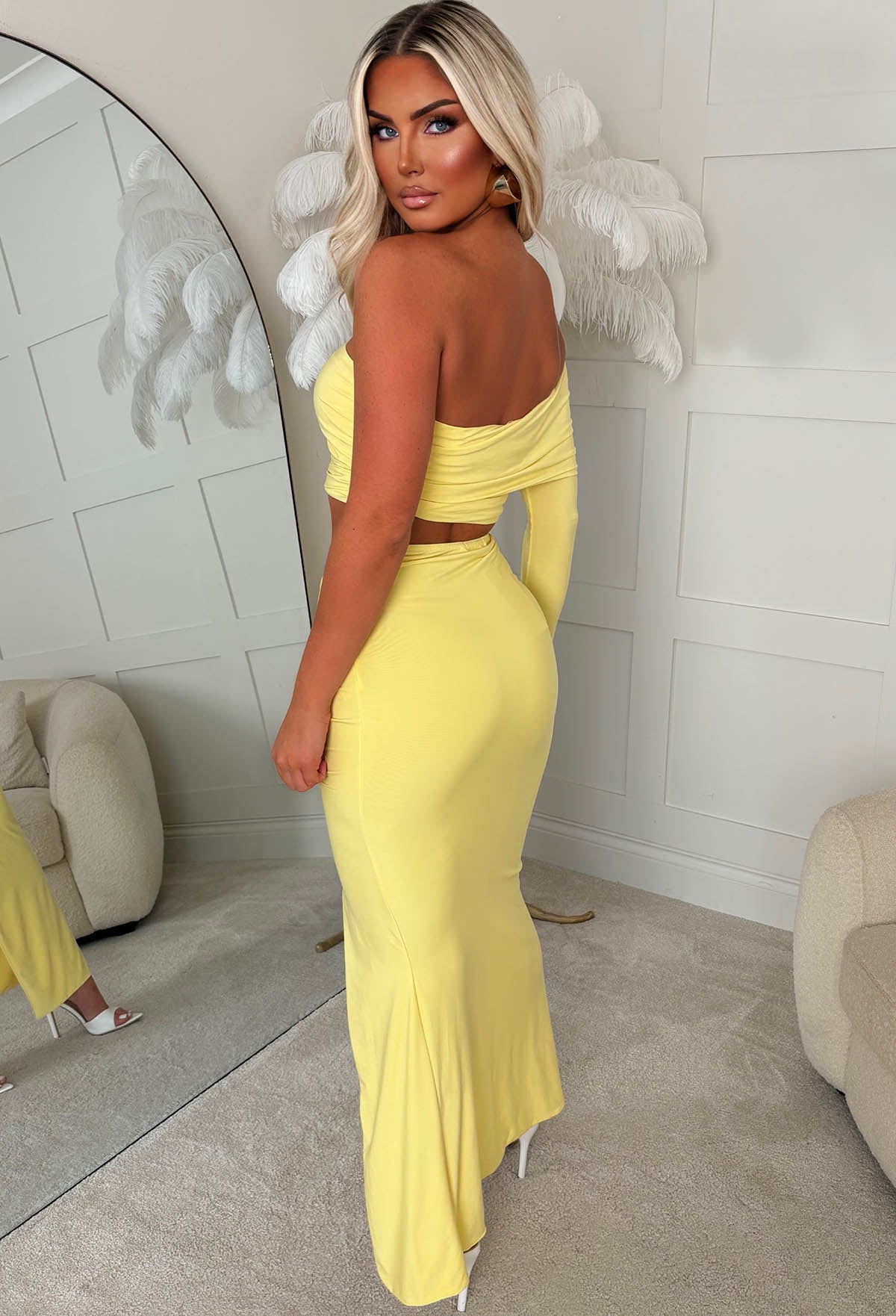 The Best Asset Lemon Ruched Slinky One Shoulder Maxi Skirt Co-Ord